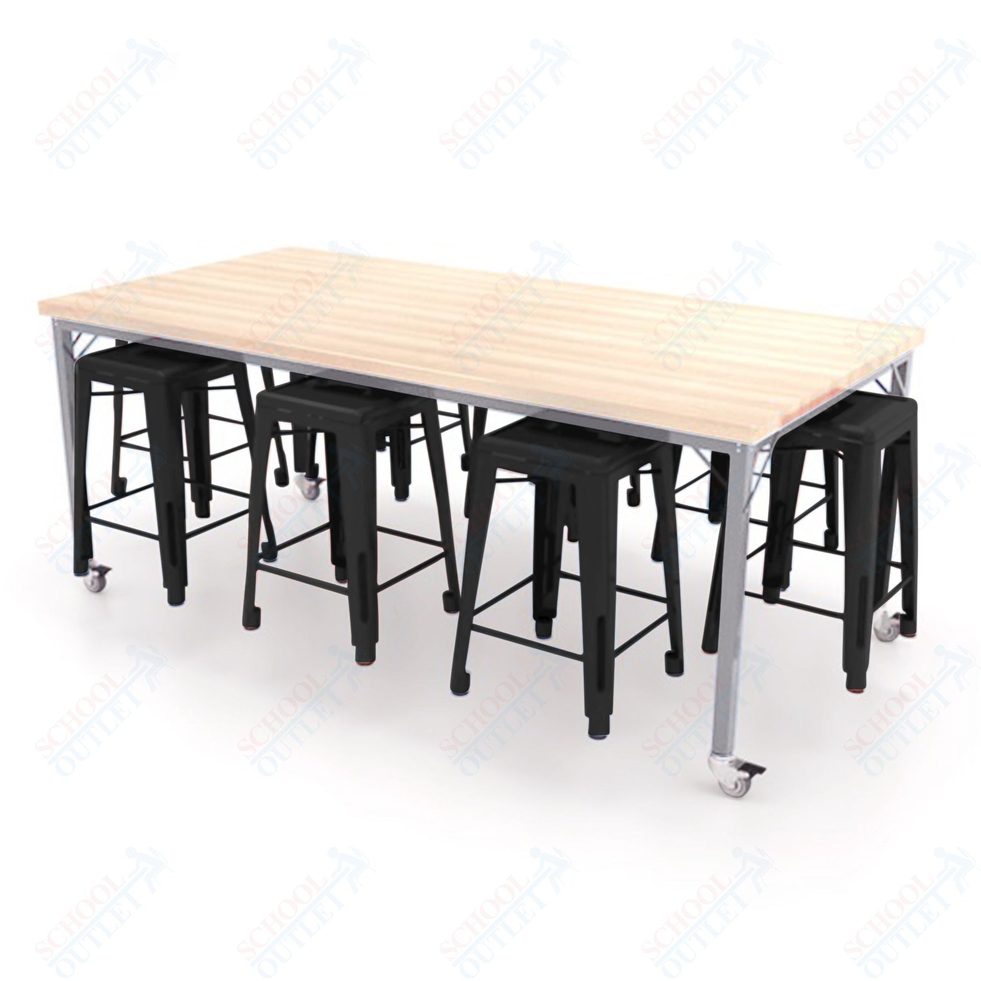 CEF Brainstorm Workbench 34"H with Butcher Block Top and Steel Frame, 8 Magnetic Metal Stools Included, for 3rd Grade and Up ADA Compliant - SchoolOutlet