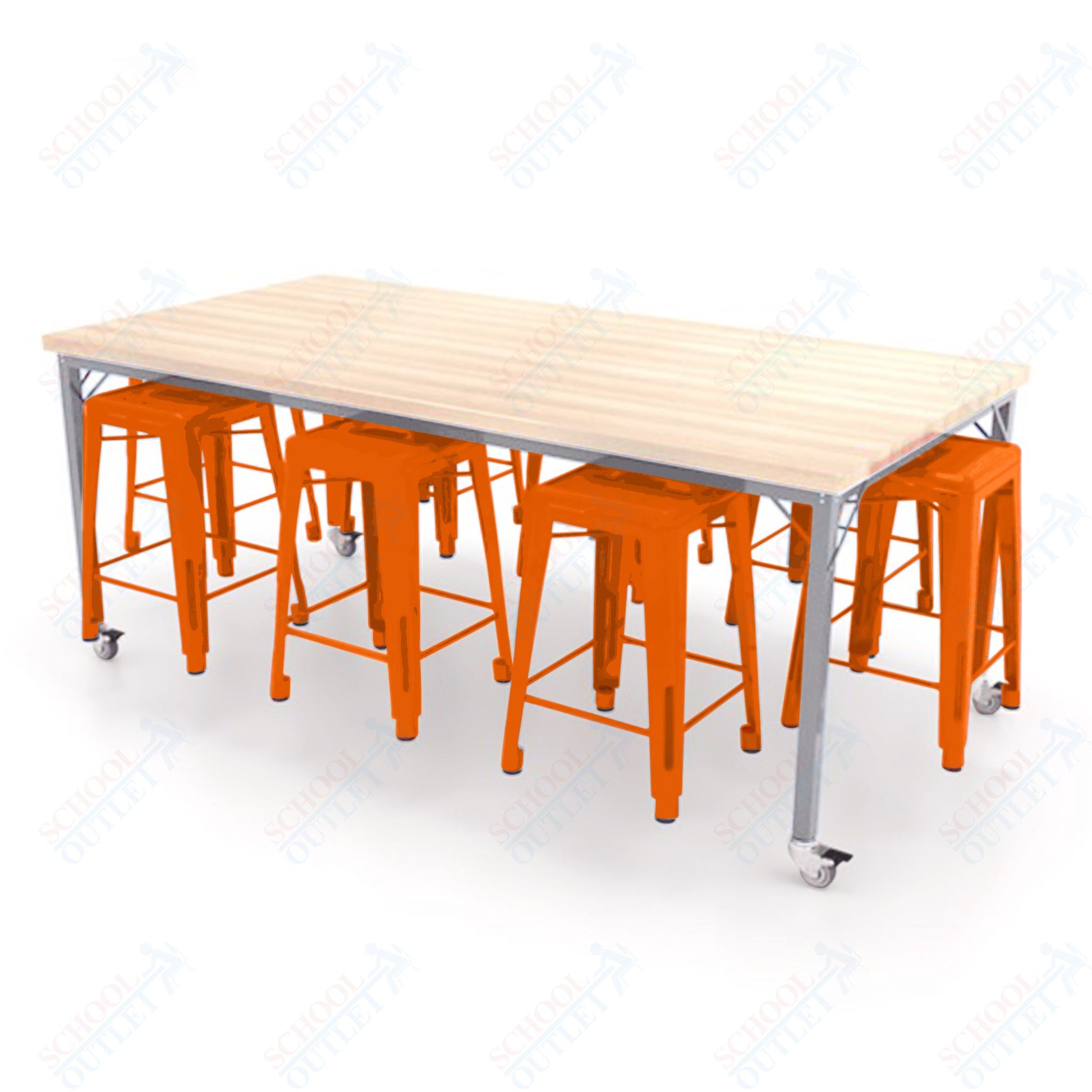 CEF Brainstorm Workbench 34"H with Butcher Block Top and Steel Frame, 8 Magnetic Metal Stools Included, for 3rd Grade and Up ADA Compliant - SchoolOutlet