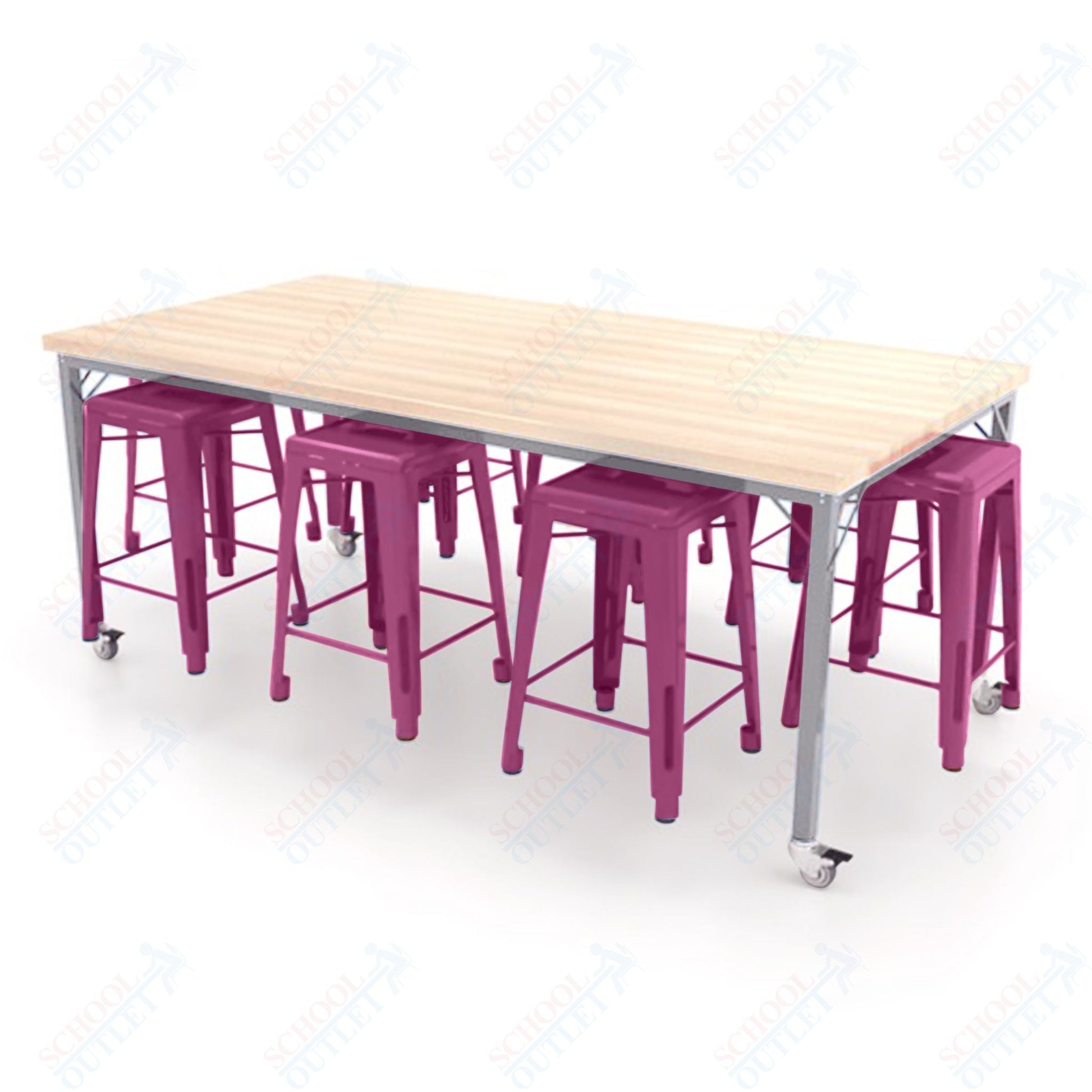 CEF Brainstorm Workbench 34"H with Butcher Block Top and Steel Frame, 8 Magnetic Metal Stools Included, for 3rd Grade and Up ADA Compliant - SchoolOutlet