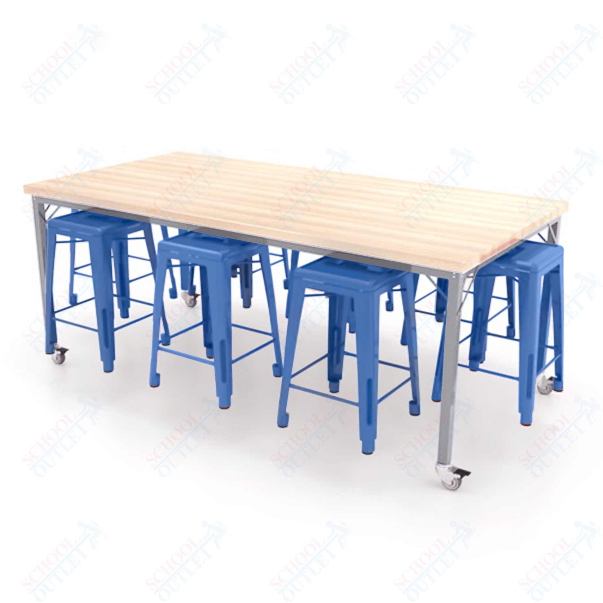 CEF Brainstorm Workbench 34"H with Butcher Block Top and Steel Frame, 8 Magnetic Metal Stools Included, for 3rd Grade and Up ADA Compliant - SchoolOutlet