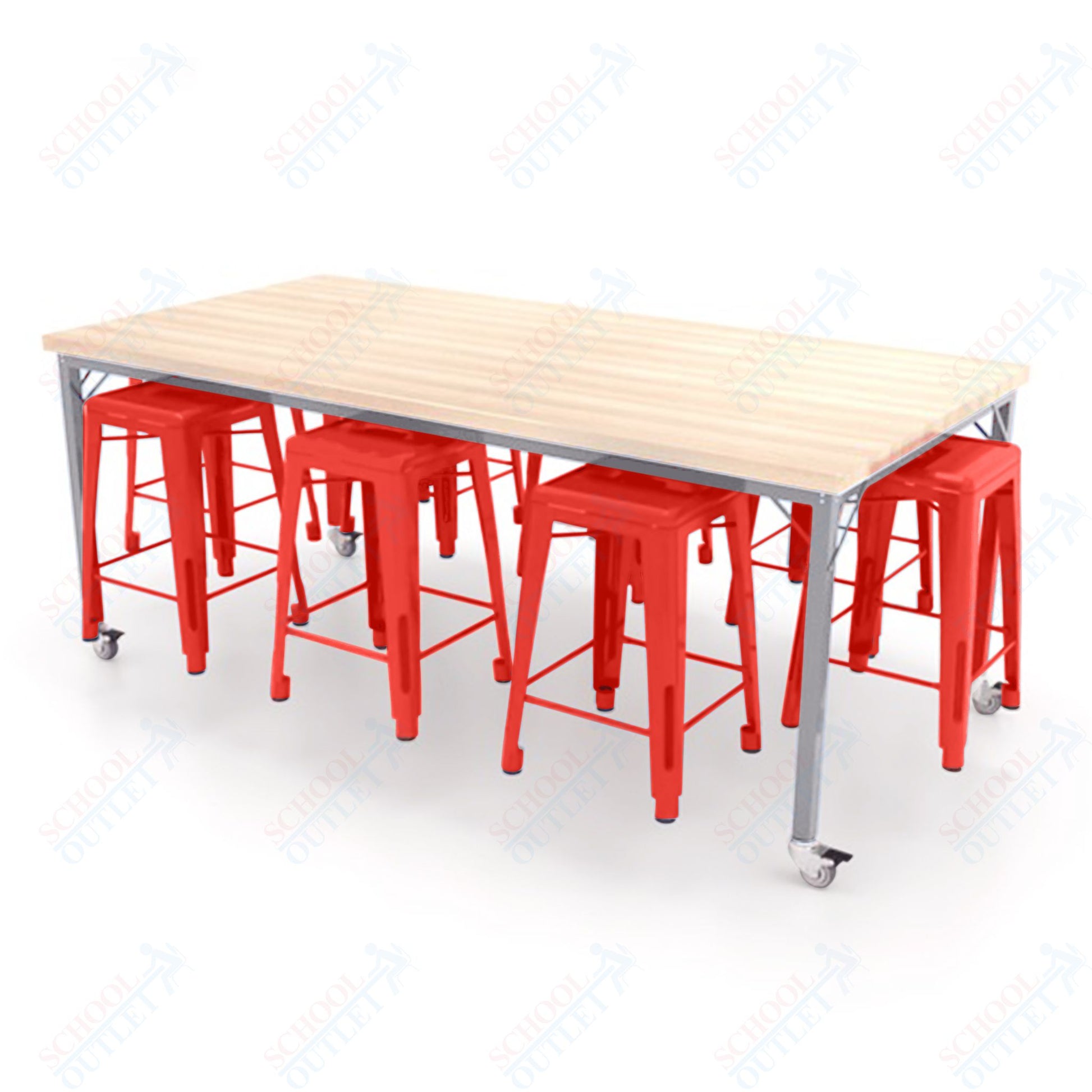 CEF Brainstorm Workbench 34"H with Butcher Block Top and Steel Frame, 8 Magnetic Metal Stools Included, for 3rd Grade and Up ADA Compliant - SchoolOutlet