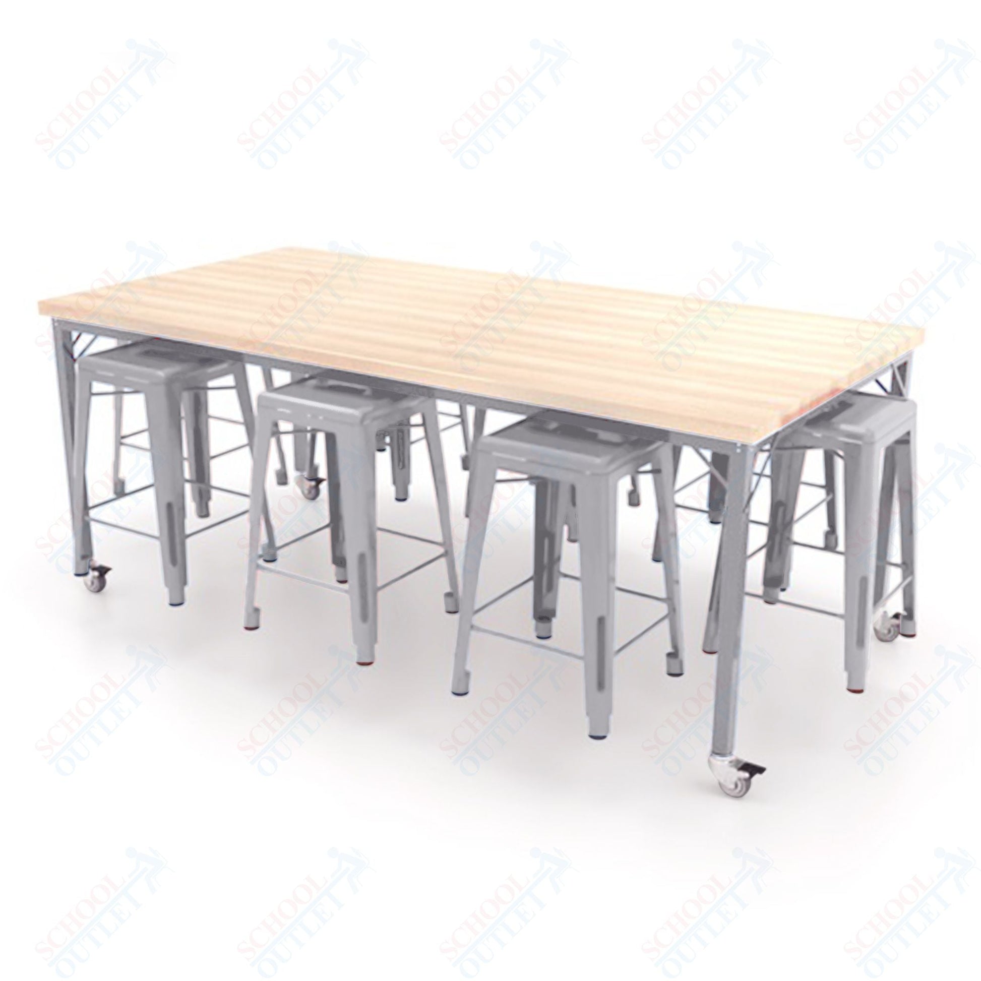 CEF Brainstorm Workbench 34"H with Butcher Block Top and Steel Frame, 8 Magnetic Metal Stools Included, for 3rd Grade and Up ADA Compliant - SchoolOutlet