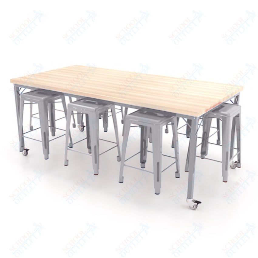 CEF Brainstorm Workbench 34"H with Butcher Block Top and Steel Frame, 8 Magnetic Metal Stools Included, for 3rd Grade and Up ADA Compliant - SchoolOutlet
