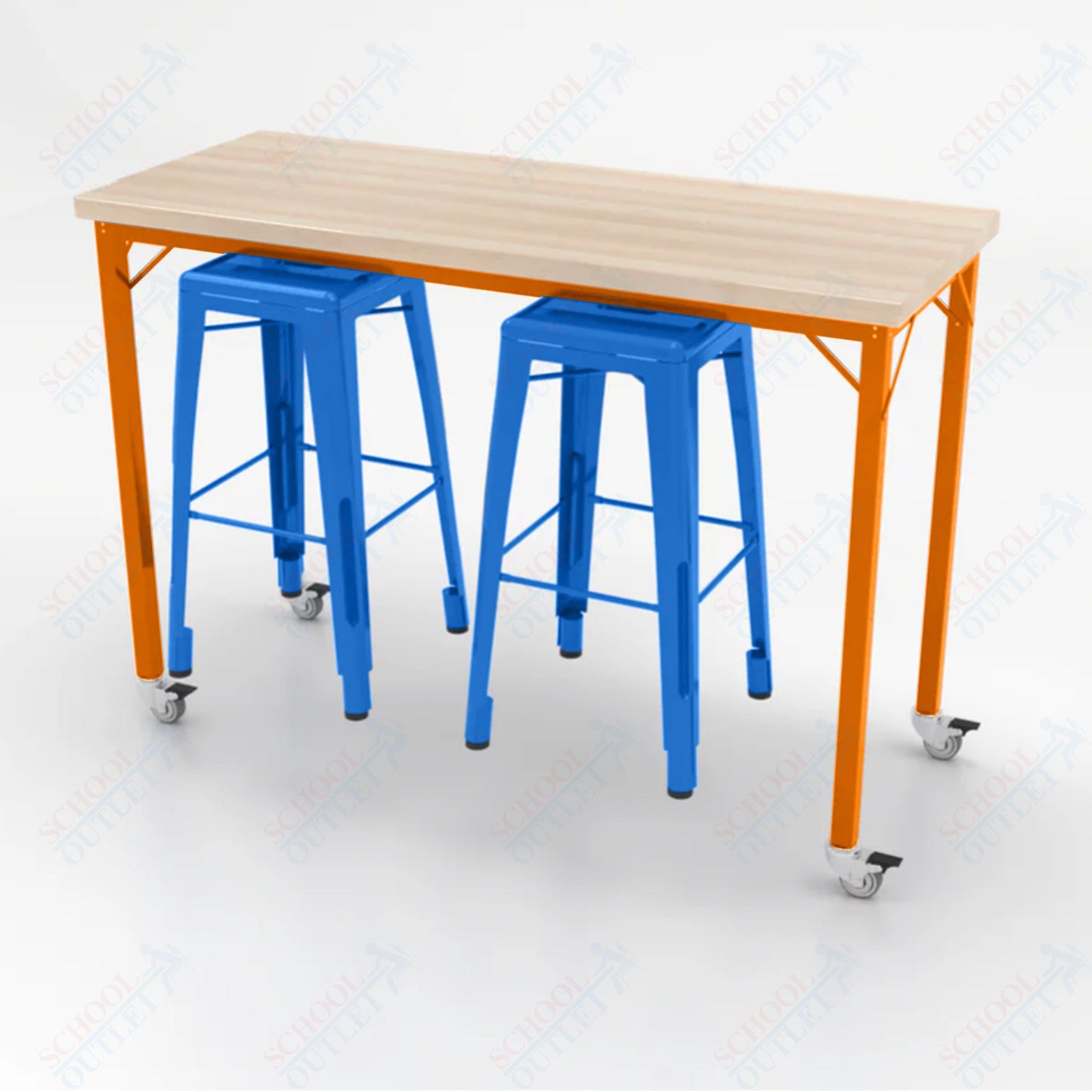 CEF Brainstorm Workbench 42"H with Butcher Block Top and Steel Frame, 2 Magnetic Metal Stools Included, for 6th Grade and Up - SchoolOutlet