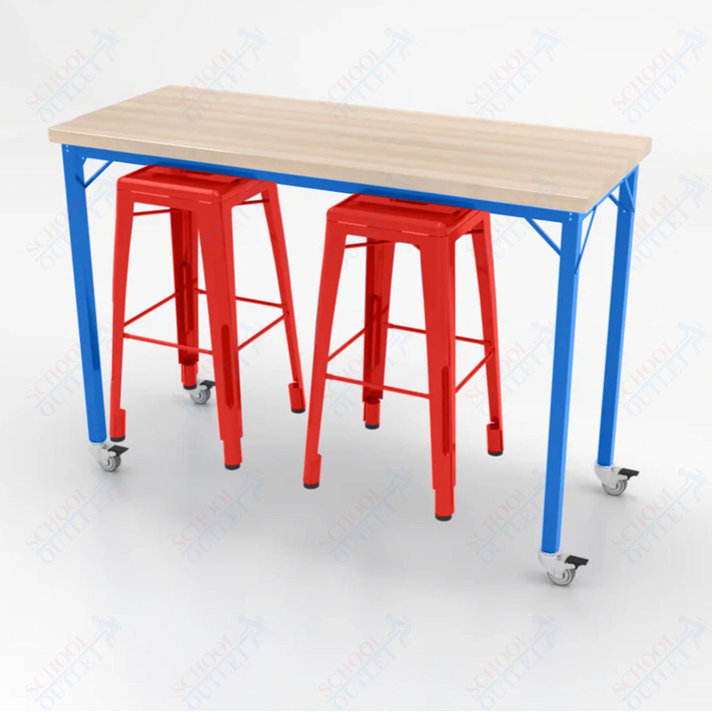 CEF Brainstorm Workbench 42"H with Butcher Block Top and Steel Frame, 2 Magnetic Metal Stools Included, for 6th Grade and Up - SchoolOutlet