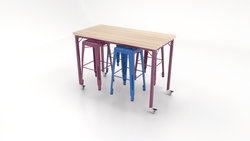 CEF Brainstorm Workbench 42"H with Butcher Block Top and Steel Frame, 4 Magnetic Metal Stools Included, for 6th Grade and Up