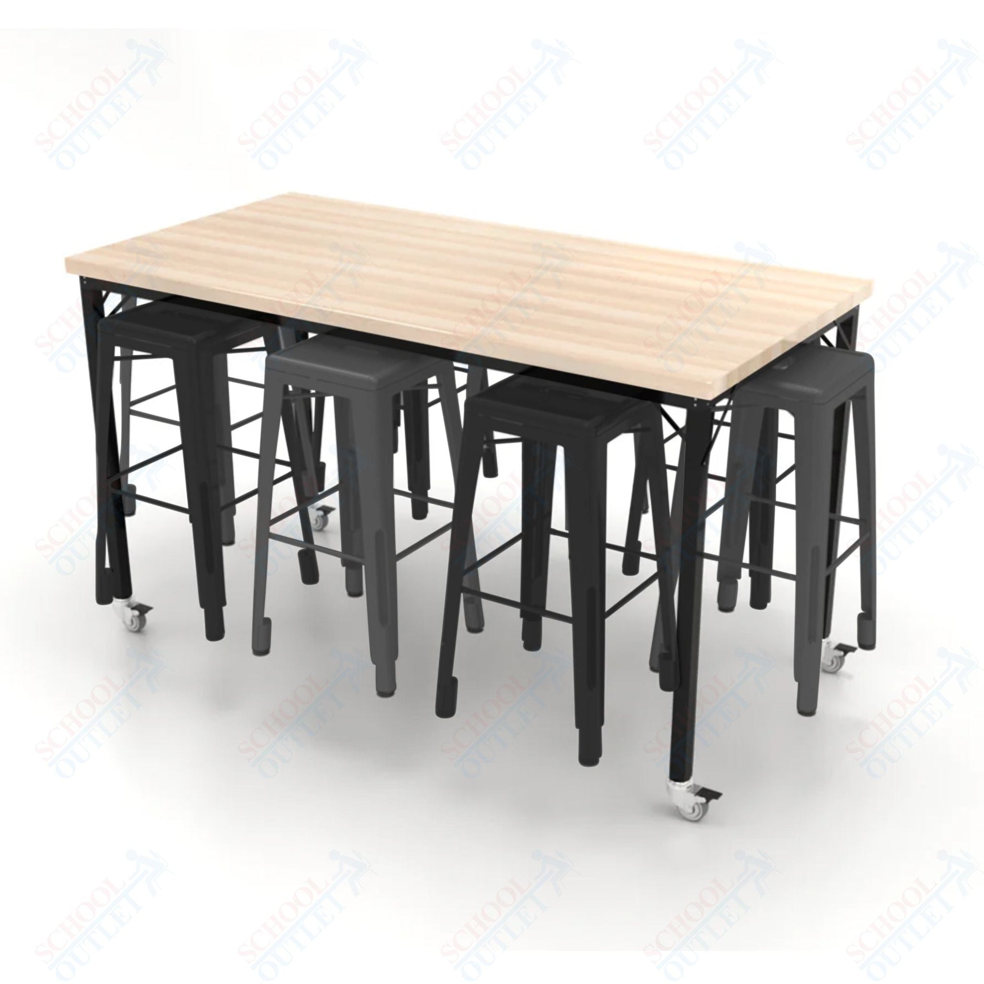 CEF Brainstorm Workbench 42"H with Butcher Block Top and Steel Frame, 8 Magnetic Metal Stools Included, for 6th Grade and Up - SchoolOutlet