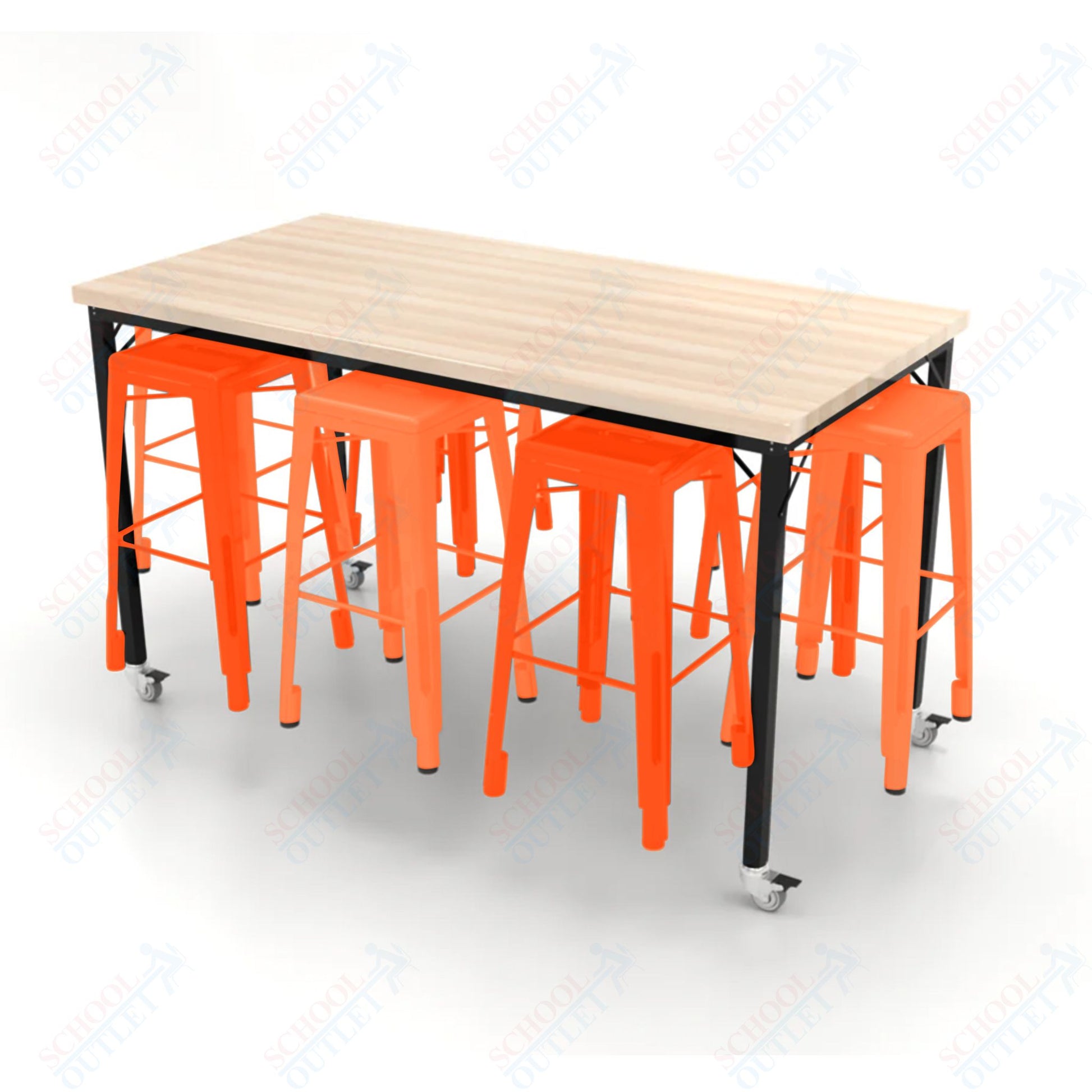 CEF Brainstorm Workbench 42"H with Butcher Block Top and Steel Frame, 8 Magnetic Metal Stools Included, for 6th Grade and Up - SchoolOutlet