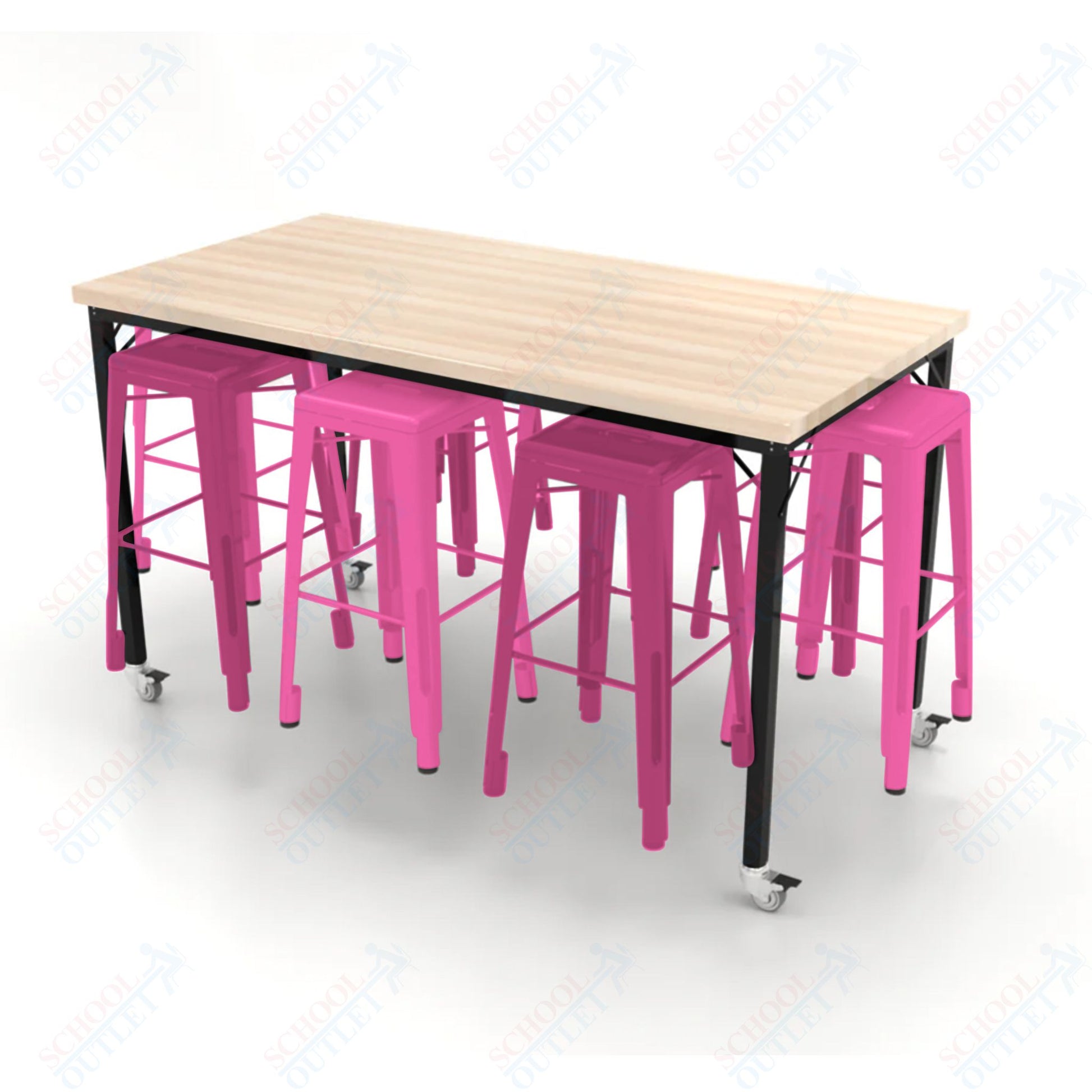 CEF Brainstorm Workbench 42"H with Butcher Block Top and Steel Frame, 8 Magnetic Metal Stools Included, for 6th Grade and Up - SchoolOutlet
