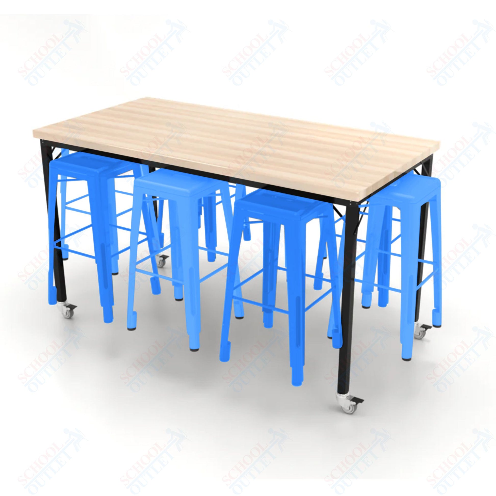 CEF Brainstorm Workbench 42"H with Butcher Block Top and Steel Frame, 8 Magnetic Metal Stools Included, for 6th Grade and Up - SchoolOutlet