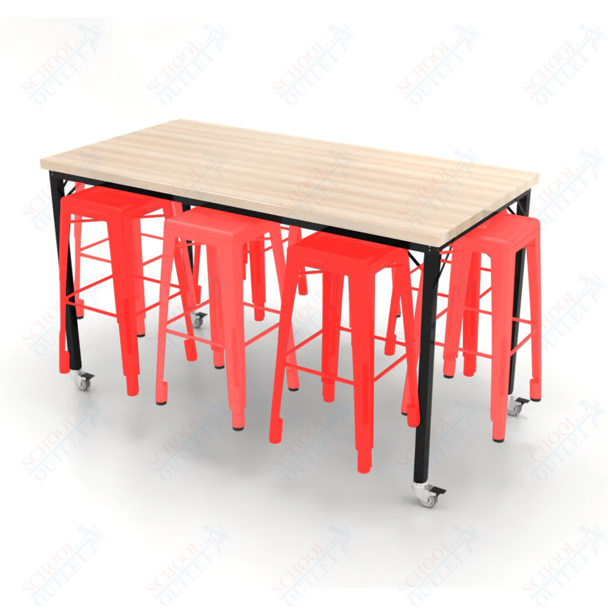 CEF Brainstorm Workbench 42"H with Butcher Block Top and Steel Frame, 8 Magnetic Metal Stools Included, for 6th Grade and Up - SchoolOutlet