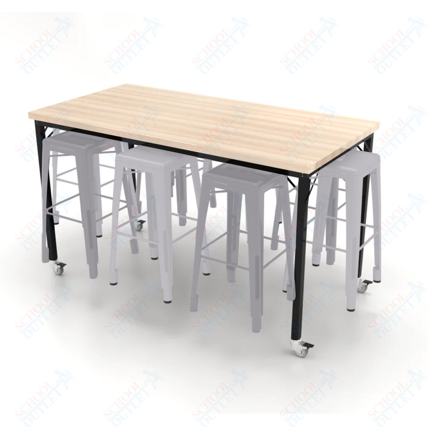 CEF Brainstorm Workbench 42"H with Butcher Block Top and Steel Frame, 8 Magnetic Metal Stools Included, for 6th Grade and Up - SchoolOutlet