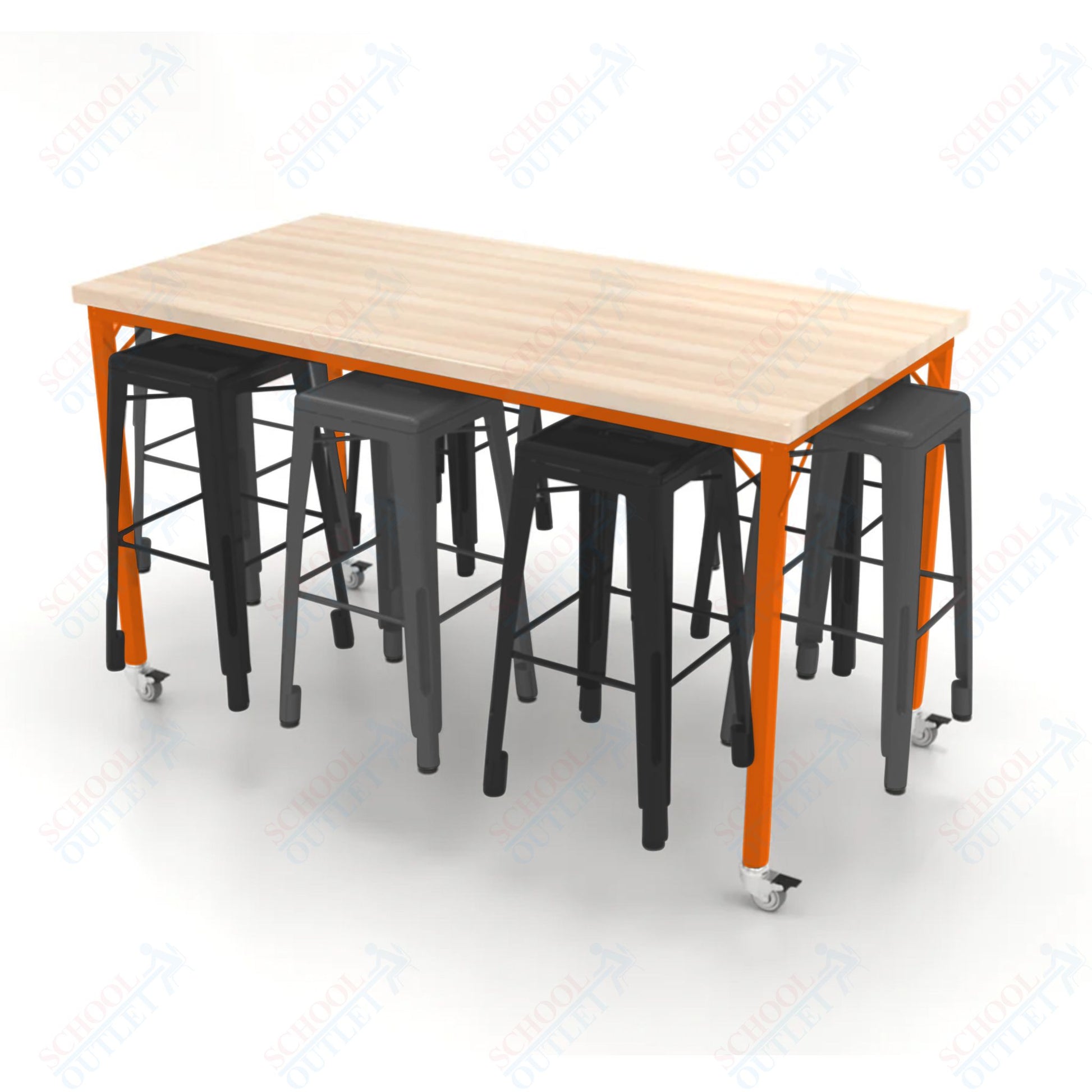 CEF Brainstorm Workbench 42"H with Butcher Block Top and Steel Frame, 8 Magnetic Metal Stools Included, for 6th Grade and Up - SchoolOutlet