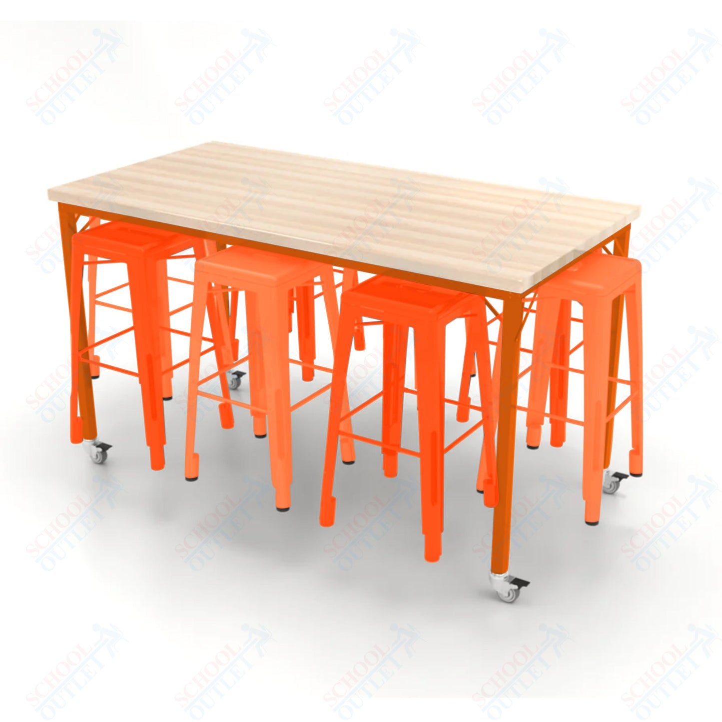 CEF Brainstorm Workbench 42"H with Butcher Block Top and Steel Frame, 8 Magnetic Metal Stools Included, for 6th Grade and Up - SchoolOutlet