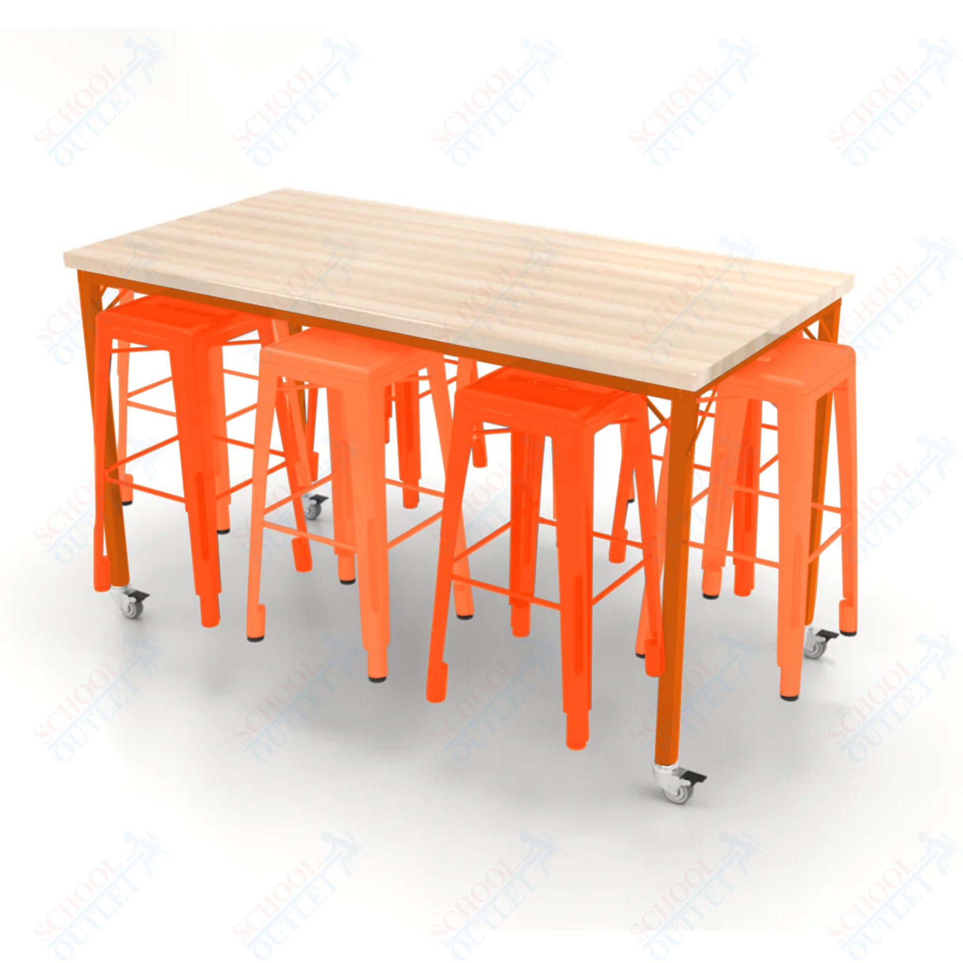 CEF Brainstorm Workbench 42"H with Butcher Block Top and Steel Frame, 8 Magnetic Metal Stools Included, for 6th Grade and Up - SchoolOutlet