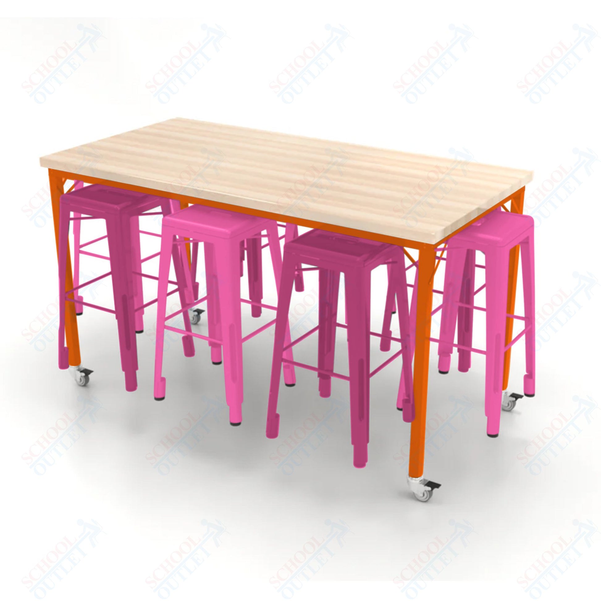 CEF Brainstorm Workbench 42"H with Butcher Block Top and Steel Frame, 8 Magnetic Metal Stools Included, for 6th Grade and Up - SchoolOutlet