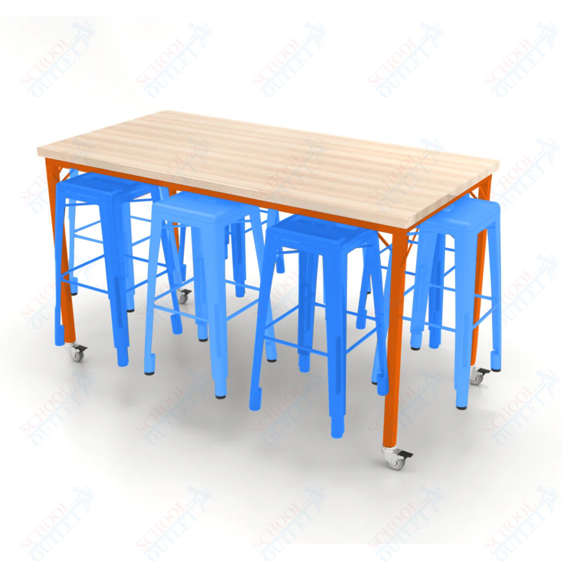 CEF Brainstorm Workbench 42"H with Butcher Block Top and Steel Frame, 8 Magnetic Metal Stools Included, for 6th Grade and Up - SchoolOutlet