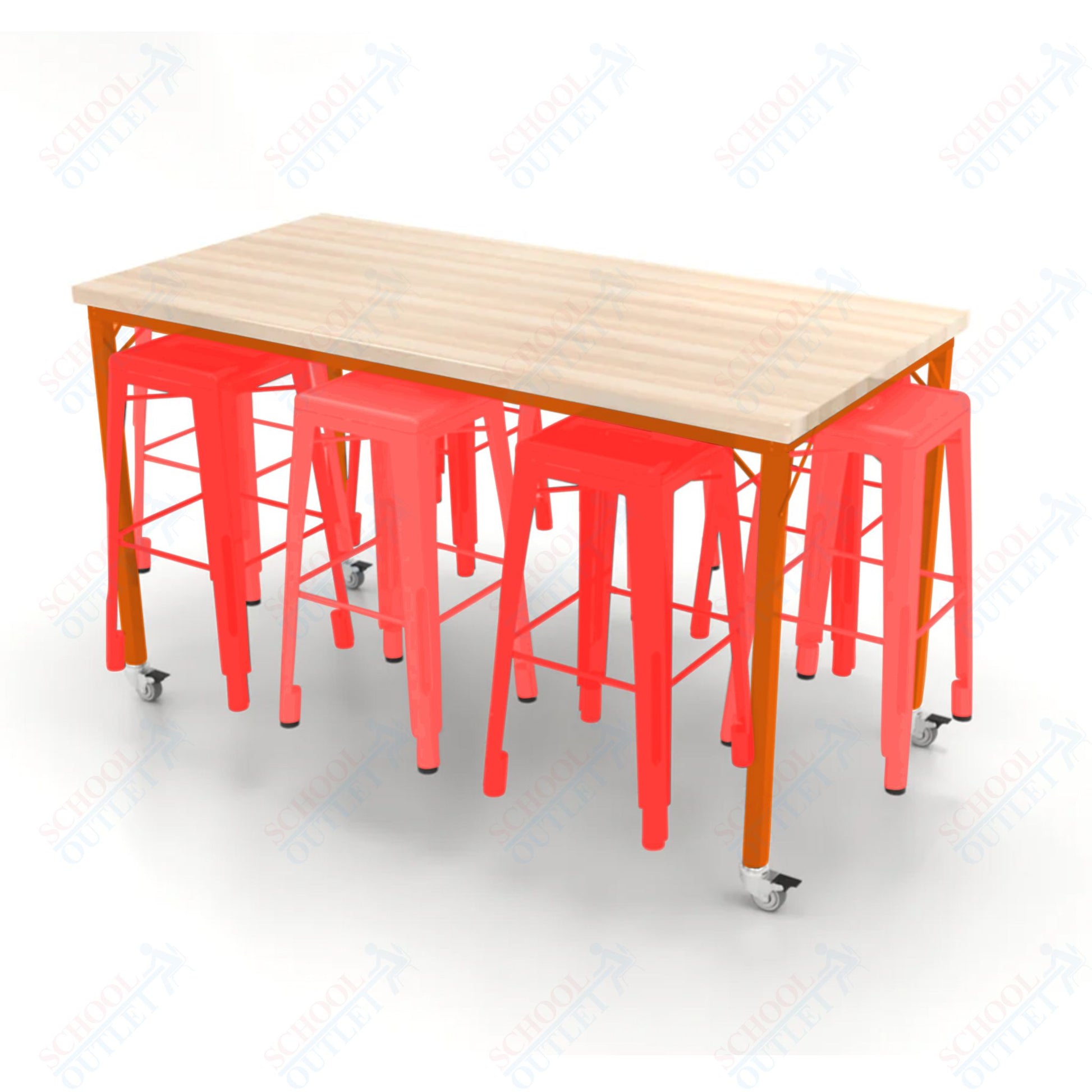 CEF Brainstorm Workbench 42"H with Butcher Block Top and Steel Frame, 8 Magnetic Metal Stools Included, for 6th Grade and Up - SchoolOutlet