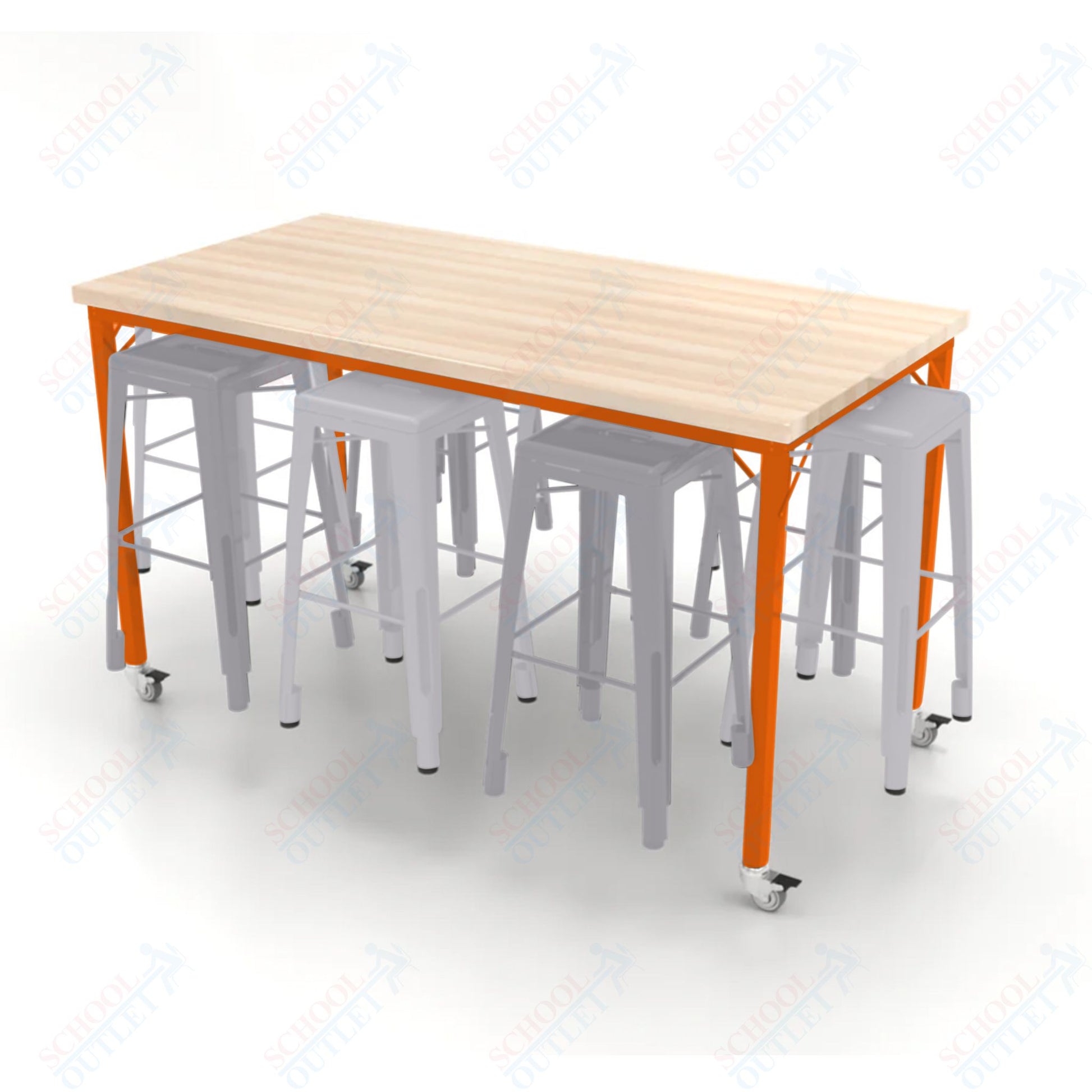 CEF Brainstorm Workbench 42"H with Butcher Block Top and Steel Frame, 8 Magnetic Metal Stools Included, for 6th Grade and Up - SchoolOutlet