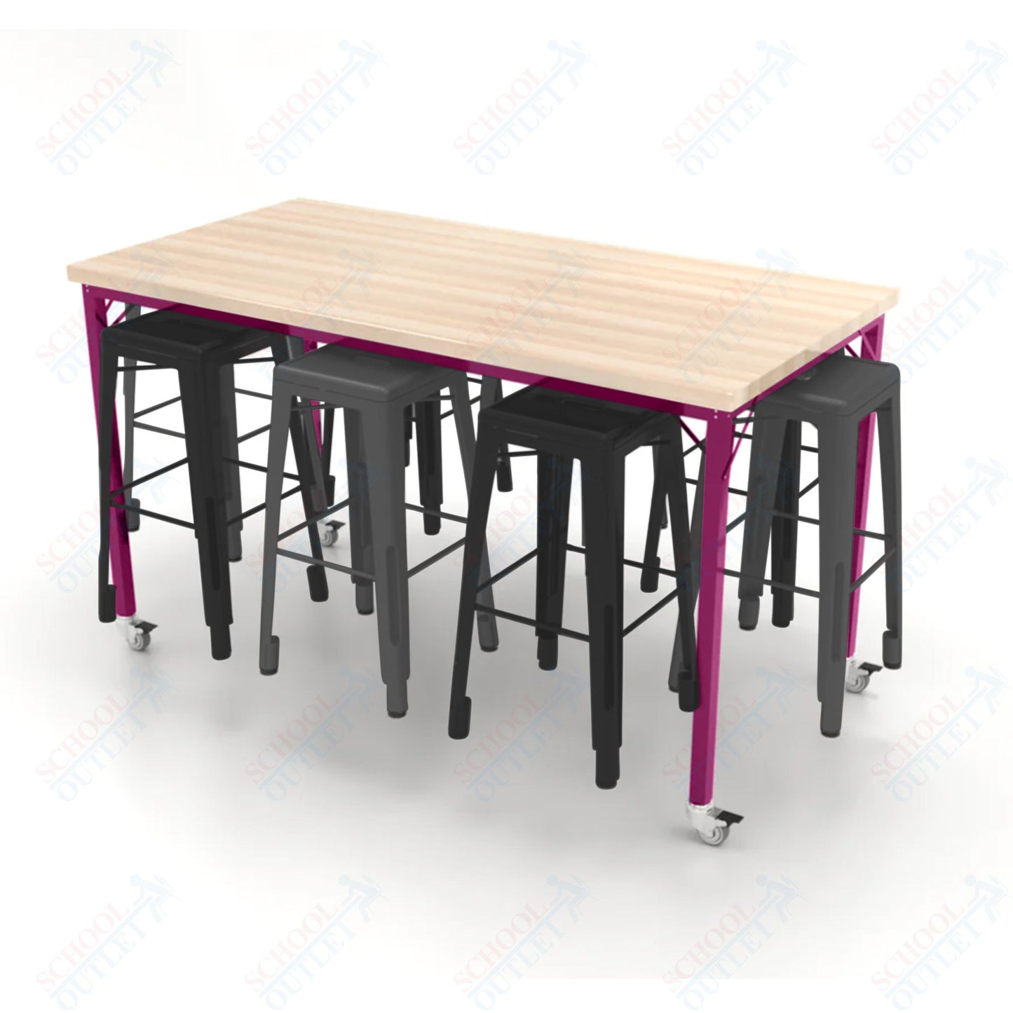CEF Brainstorm Workbench 42"H with Butcher Block Top and Steel Frame, 8 Magnetic Metal Stools Included, for 6th Grade and Up - SchoolOutlet