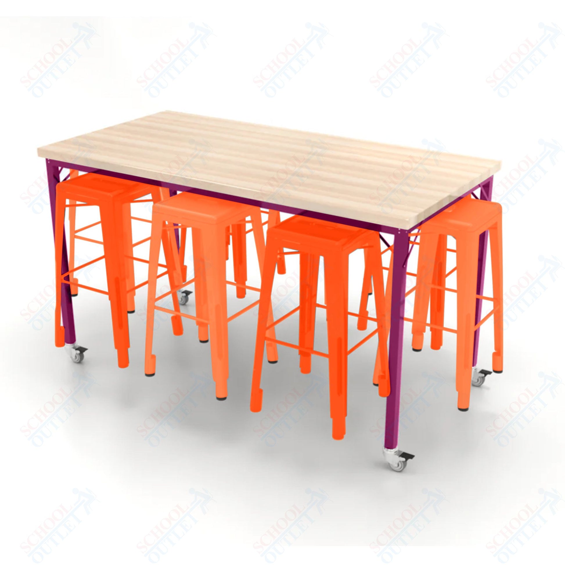 CEF Brainstorm Workbench 42"H with Butcher Block Top and Steel Frame, 8 Magnetic Metal Stools Included, for 6th Grade and Up - SchoolOutlet