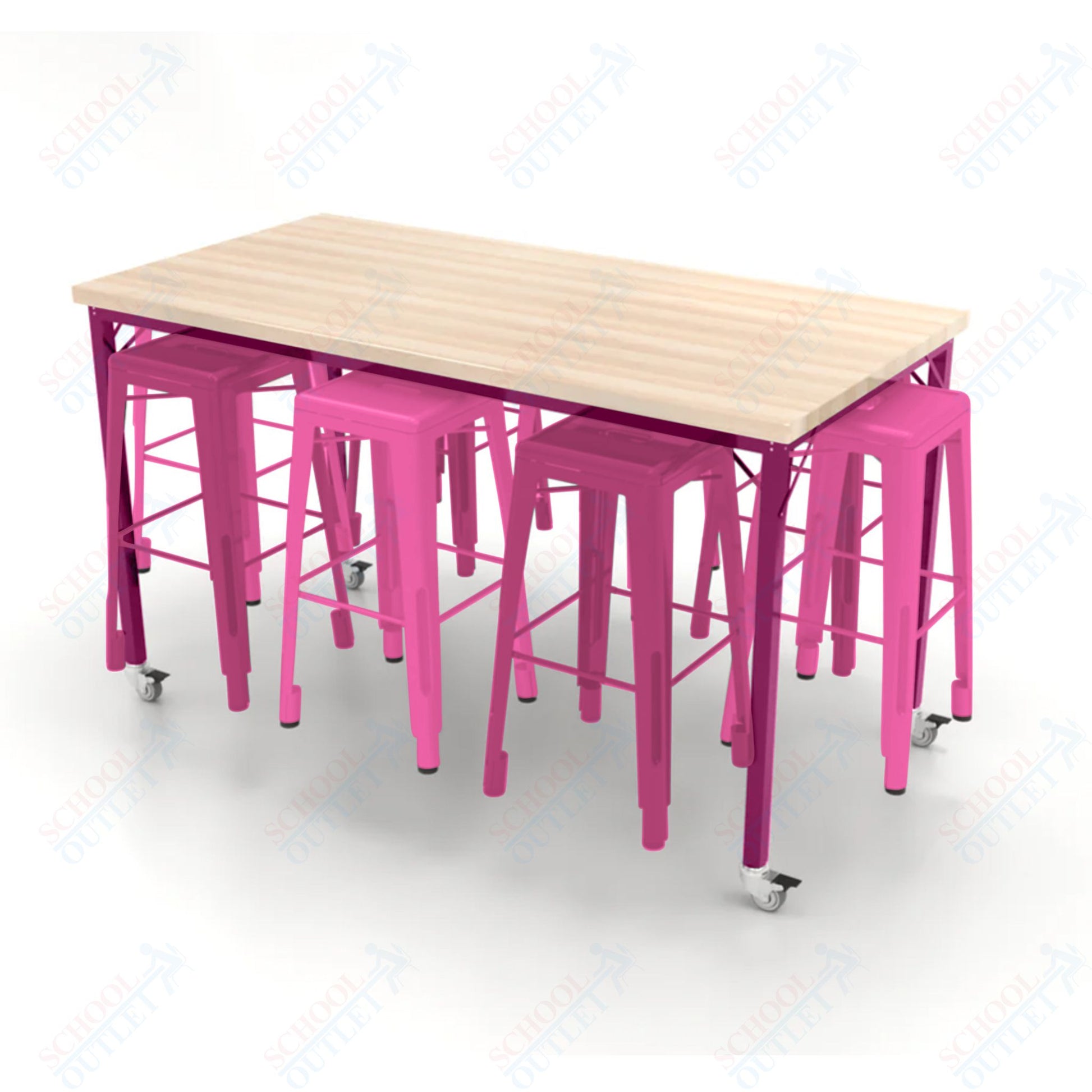 CEF Brainstorm Workbench 42"H with Butcher Block Top and Steel Frame, 8 Magnetic Metal Stools Included, for 6th Grade and Up - SchoolOutlet