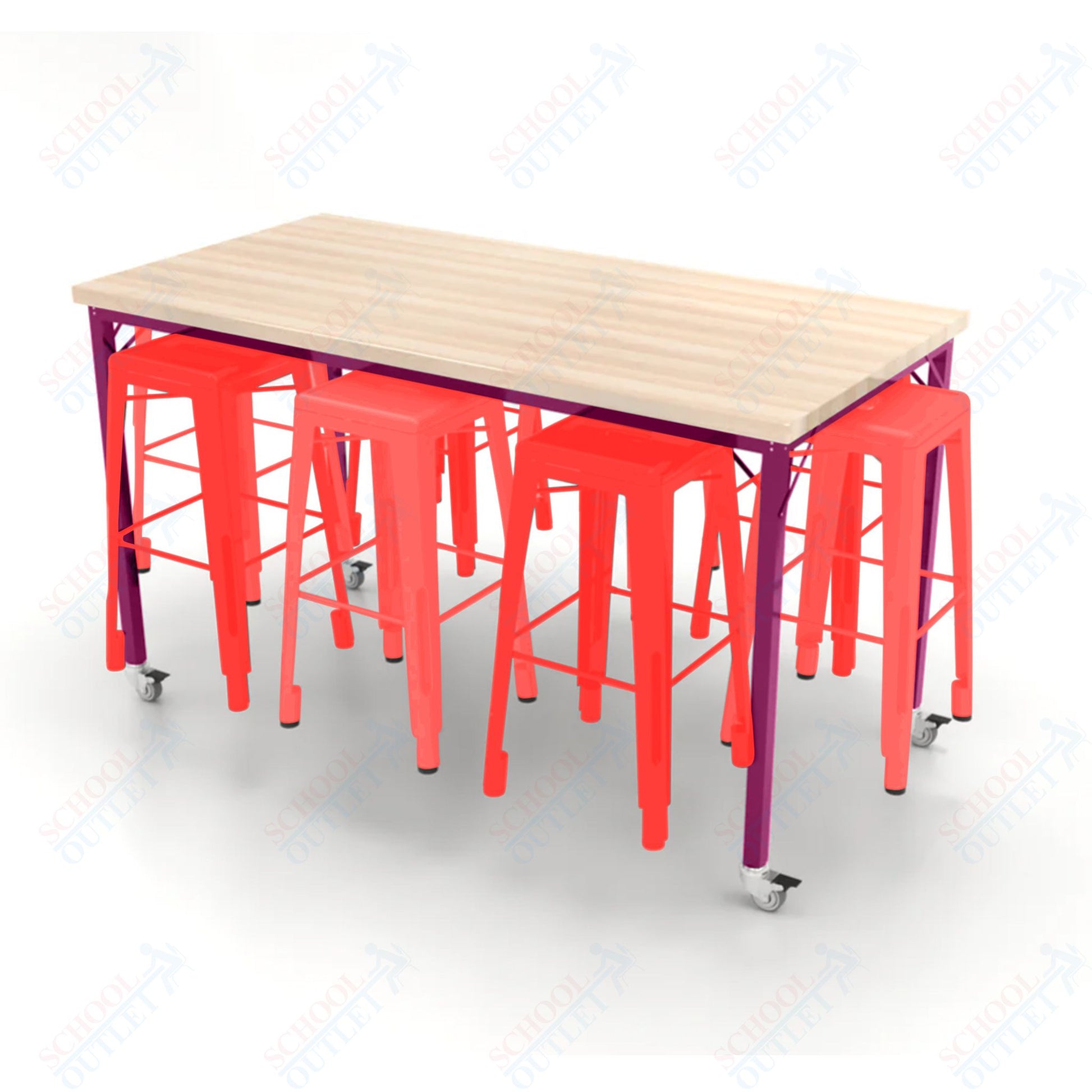 CEF Brainstorm Workbench 42"H with Butcher Block Top and Steel Frame, 8 Magnetic Metal Stools Included, for 6th Grade and Up - SchoolOutlet