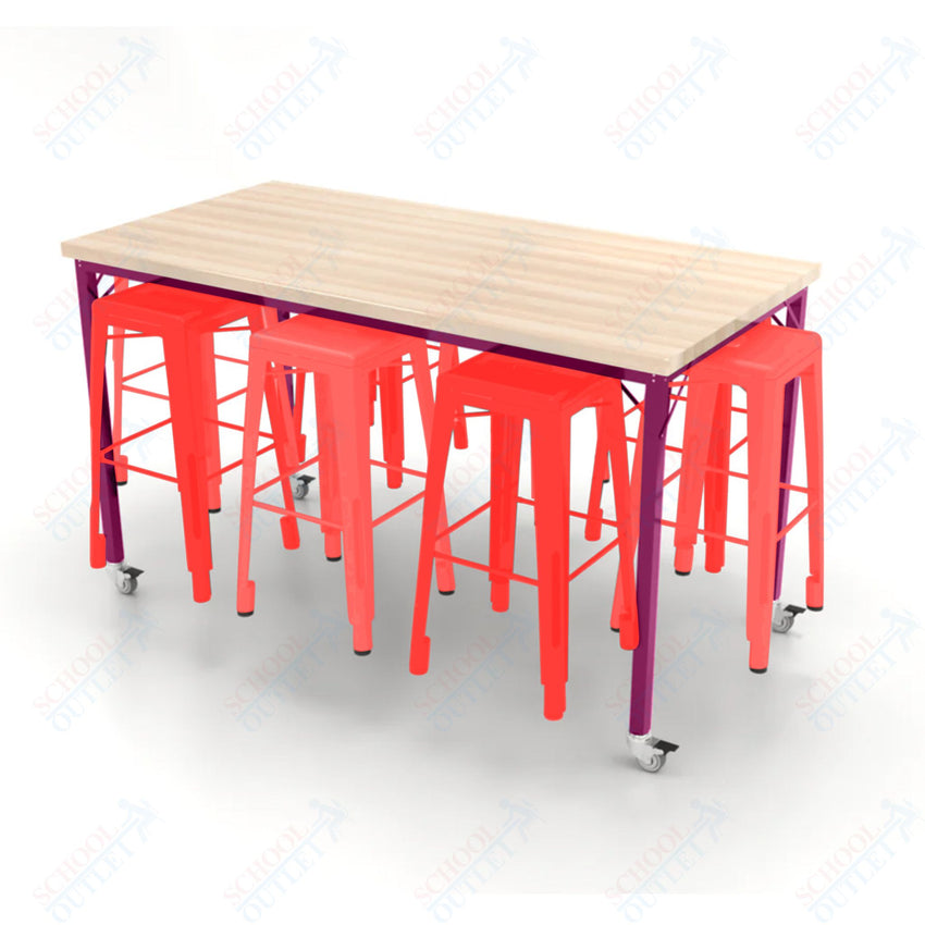 CEF Brainstorm Workbench 42"H with Butcher Block Top and Steel Frame, 8 Magnetic Metal Stools Included, for 6th Grade and Up - SchoolOutlet