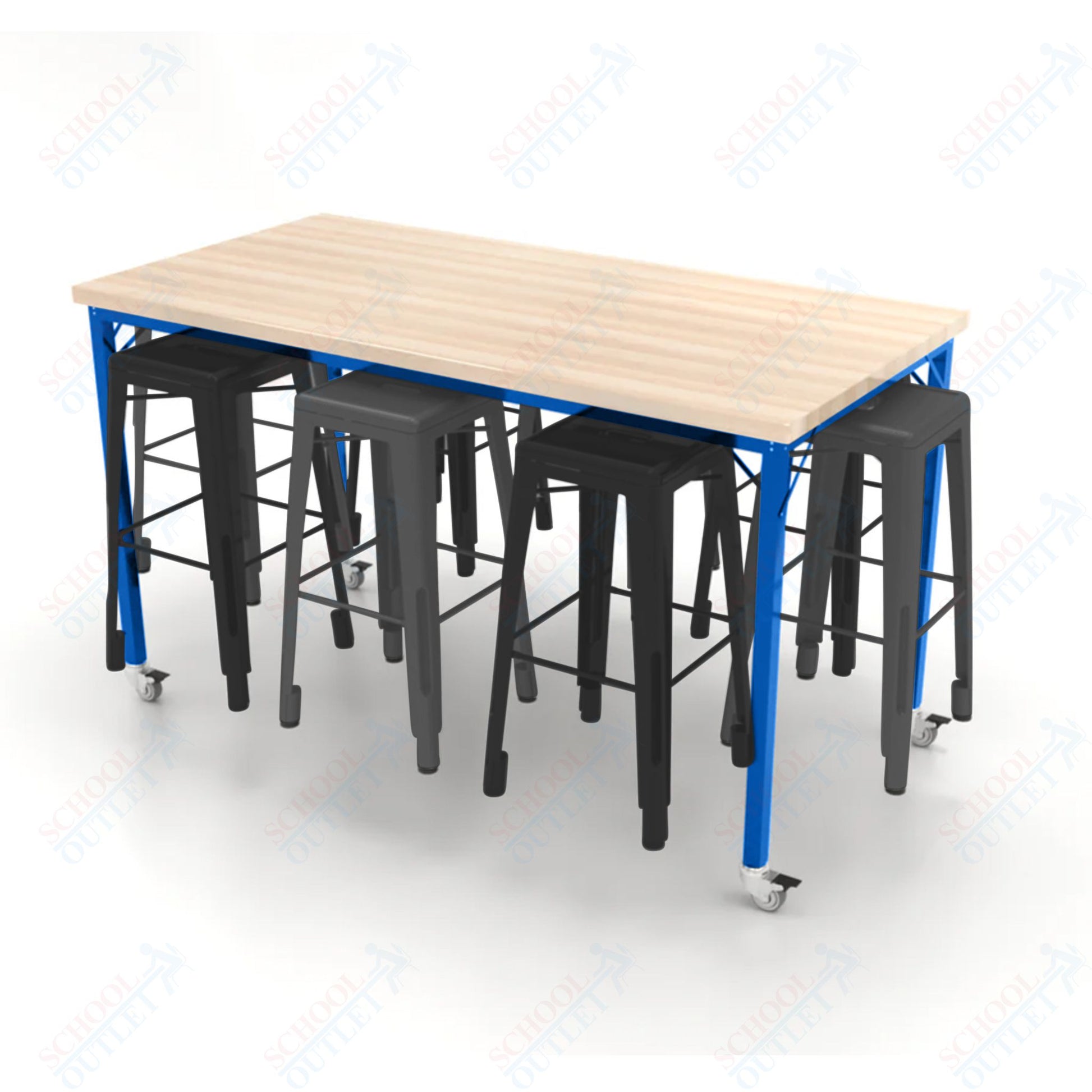 CEF Brainstorm Workbench 42"H with Butcher Block Top and Steel Frame, 8 Magnetic Metal Stools Included, for 6th Grade and Up - SchoolOutlet