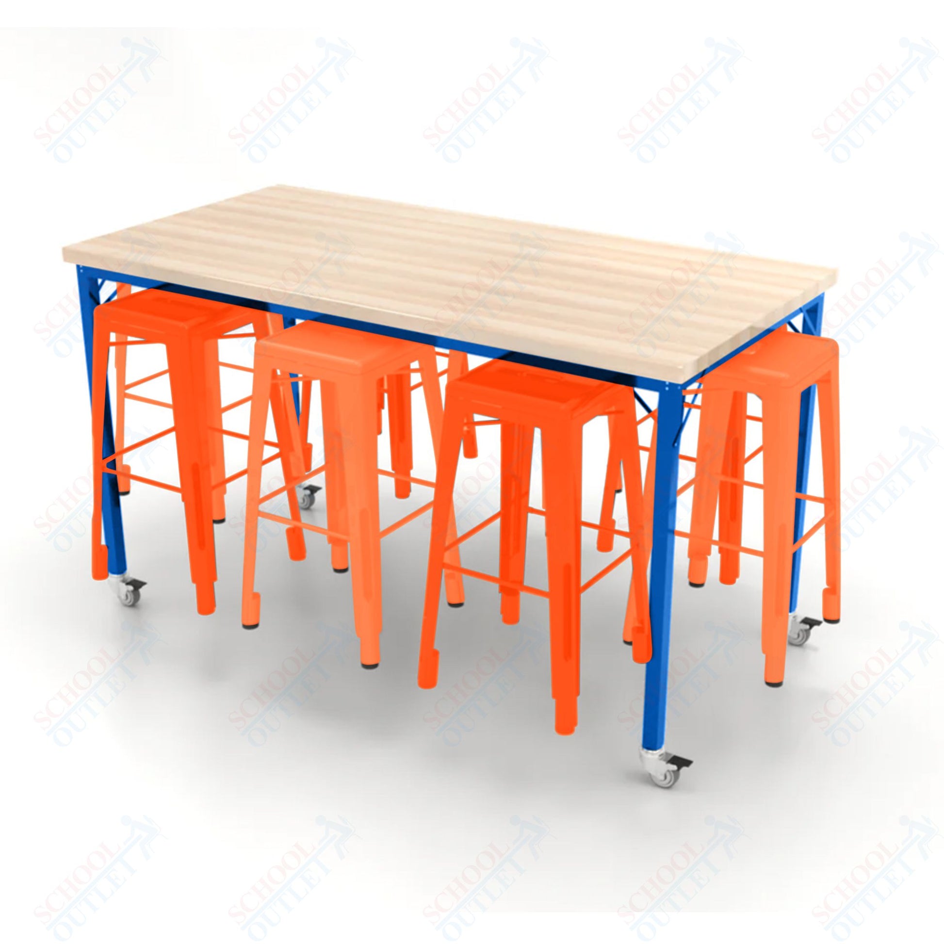 CEF Brainstorm Workbench 42"H with Butcher Block Top and Steel Frame, 8 Magnetic Metal Stools Included, for 6th Grade and Up - SchoolOutlet