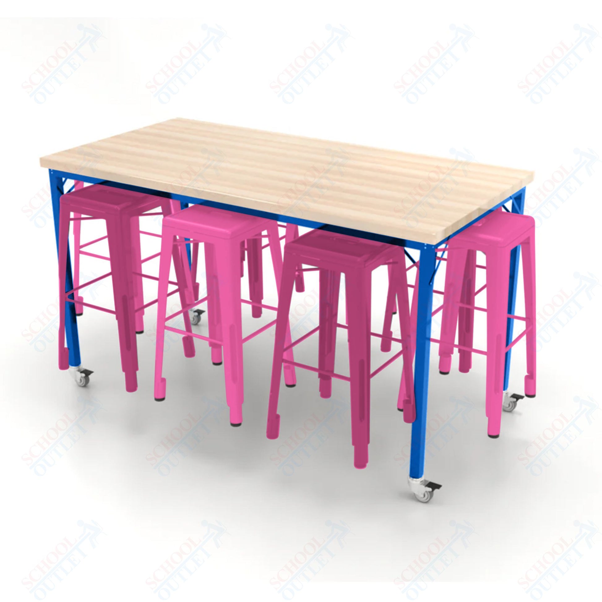 CEF Brainstorm Workbench 42"H with Butcher Block Top and Steel Frame, 8 Magnetic Metal Stools Included, for 6th Grade and Up - SchoolOutlet