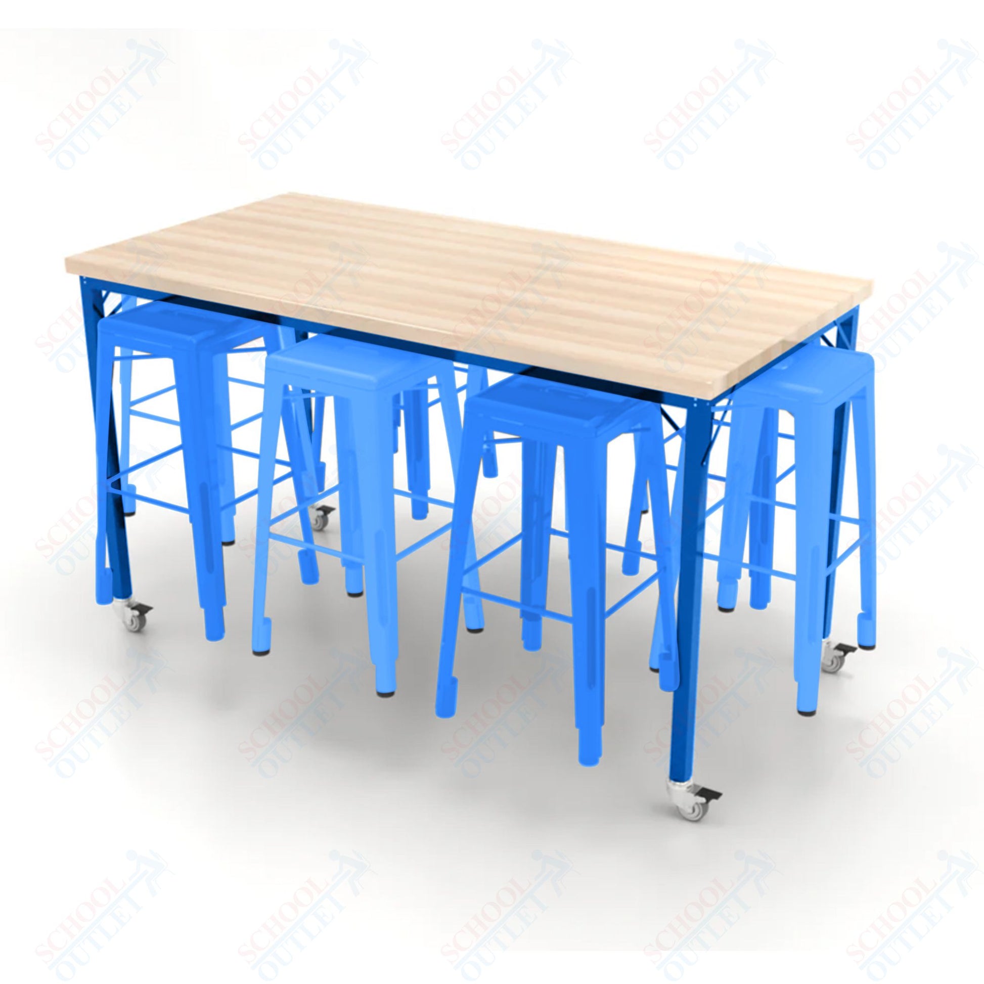 CEF Brainstorm Workbench 42"H with Butcher Block Top and Steel Frame, 8 Magnetic Metal Stools Included, for 6th Grade and Up - SchoolOutlet