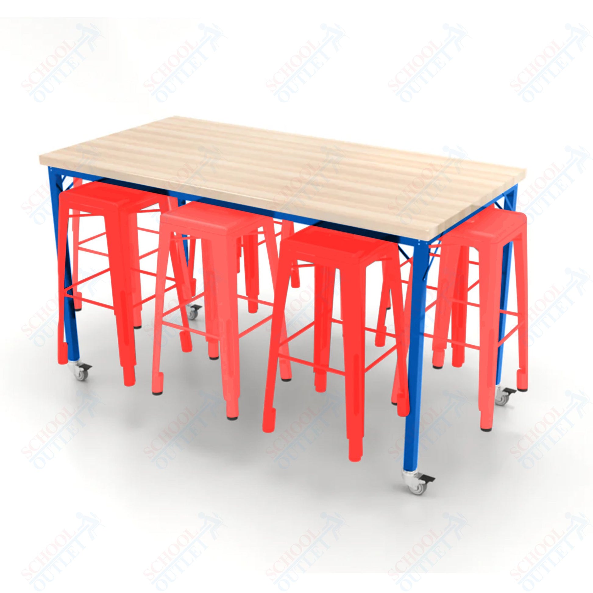 CEF Brainstorm Workbench 42"H with Butcher Block Top and Steel Frame, 8 Magnetic Metal Stools Included, for 6th Grade and Up - SchoolOutlet