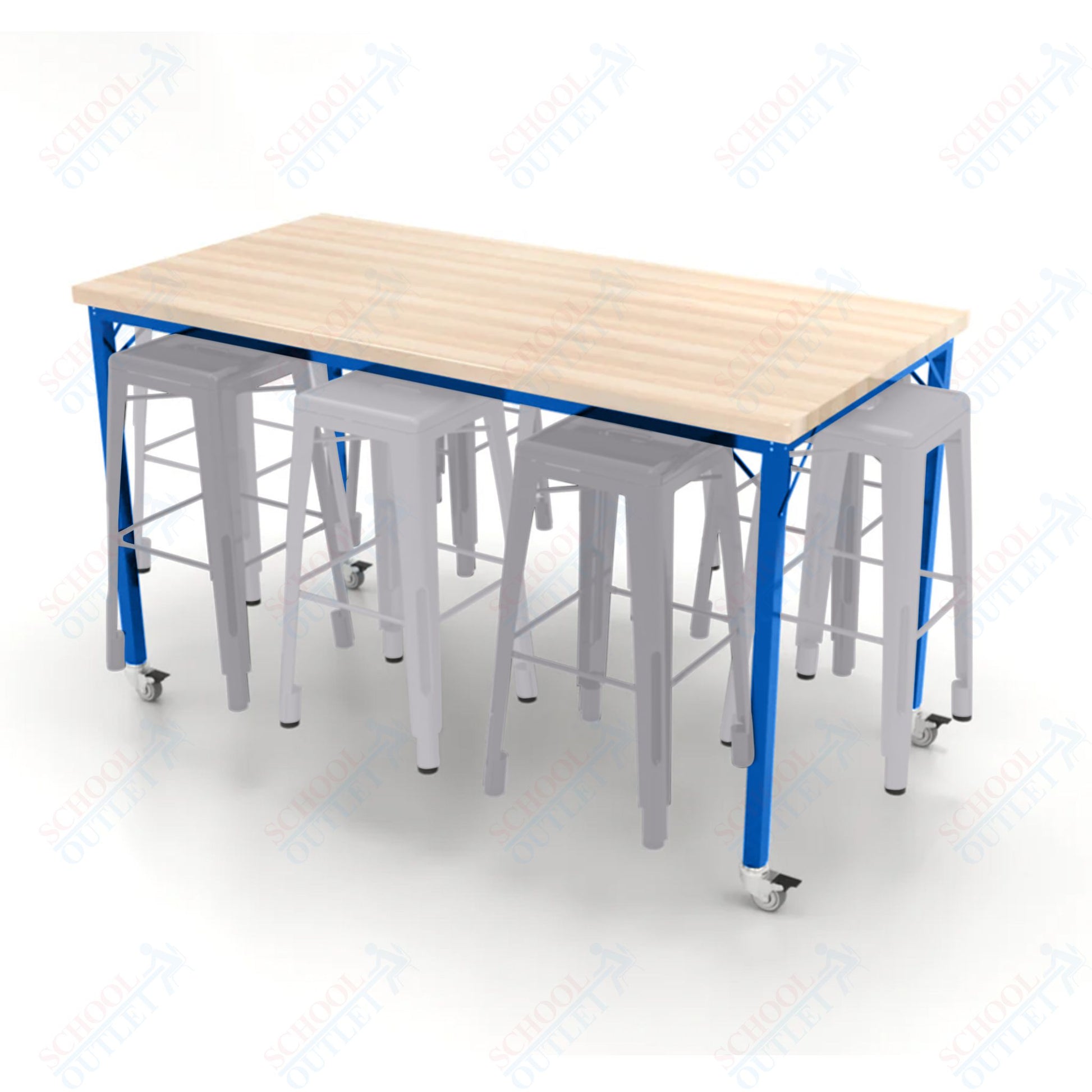 CEF Brainstorm Workbench 42"H with Butcher Block Top and Steel Frame, 8 Magnetic Metal Stools Included, for 6th Grade and Up - SchoolOutlet