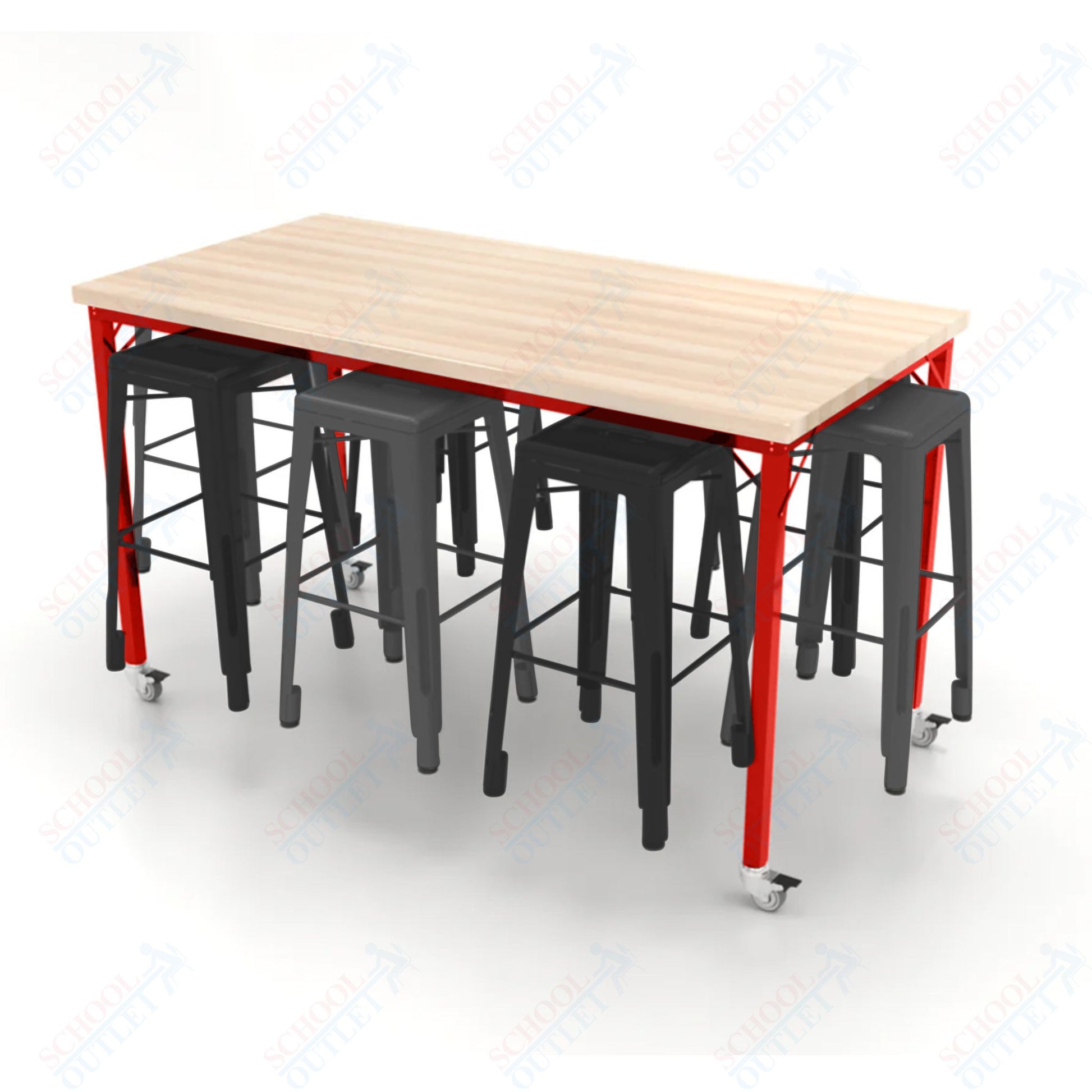 CEF Brainstorm Workbench 42"H with Butcher Block Top and Steel Frame, 8 Magnetic Metal Stools Included, for 6th Grade and Up - SchoolOutlet