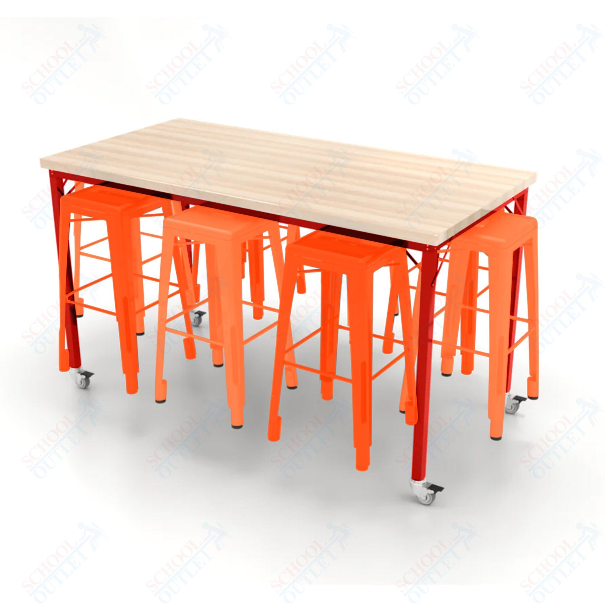 CEF Brainstorm Workbench 42"H with Butcher Block Top and Steel Frame, 8 Magnetic Metal Stools Included, for 6th Grade and Up - SchoolOutlet