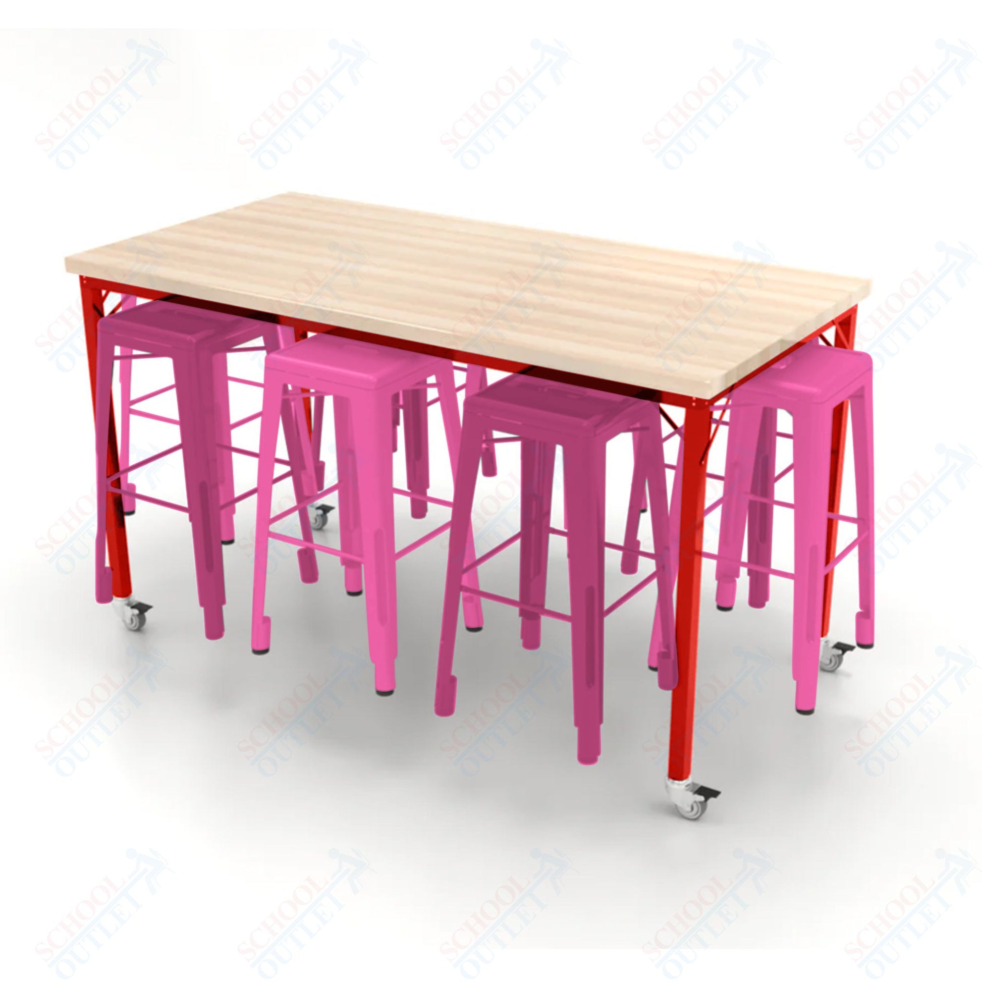 CEF Brainstorm Workbench 42"H with Butcher Block Top and Steel Frame, 8 Magnetic Metal Stools Included, for 6th Grade and Up - SchoolOutlet