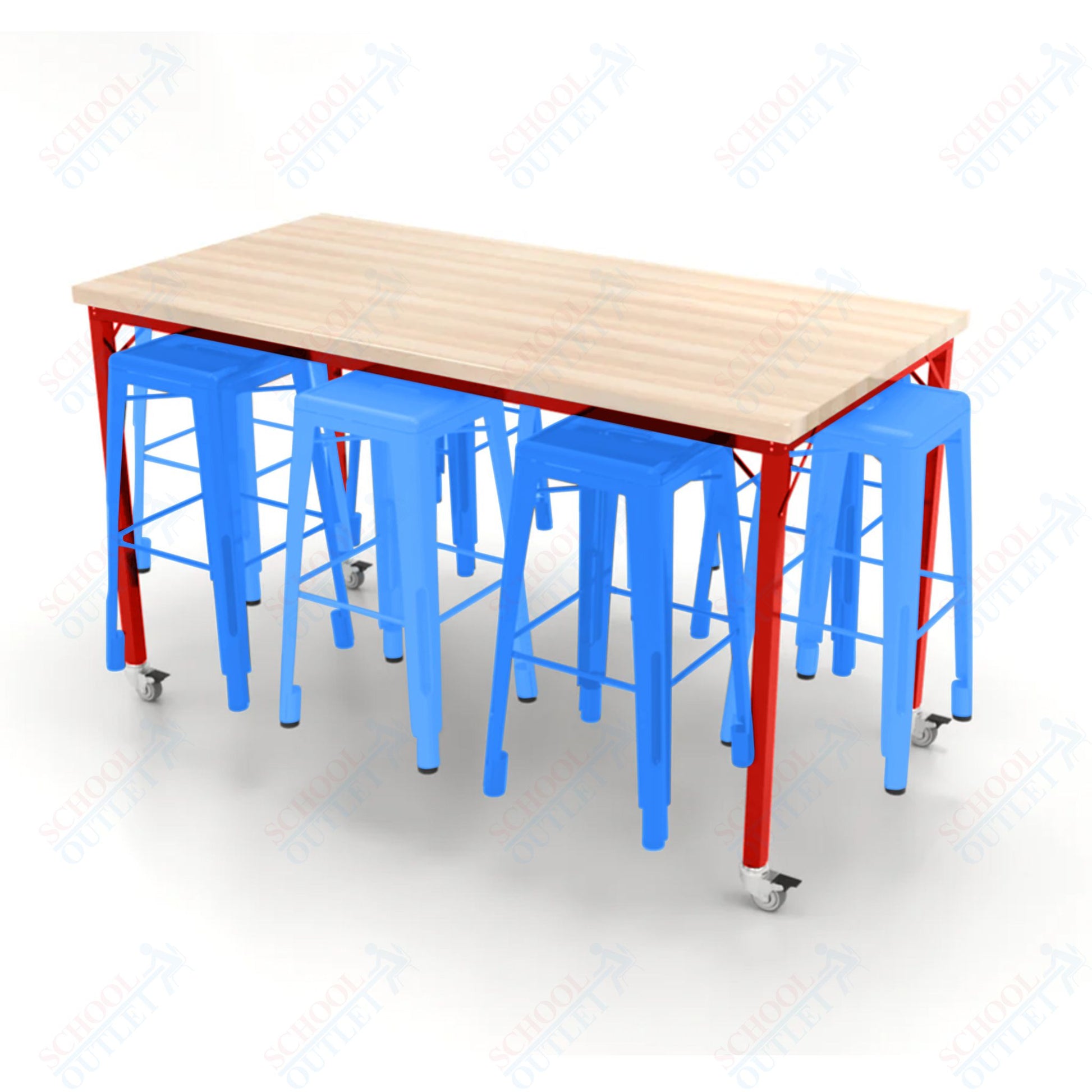 CEF Brainstorm Workbench 42"H with Butcher Block Top and Steel Frame, 8 Magnetic Metal Stools Included, for 6th Grade and Up - SchoolOutlet