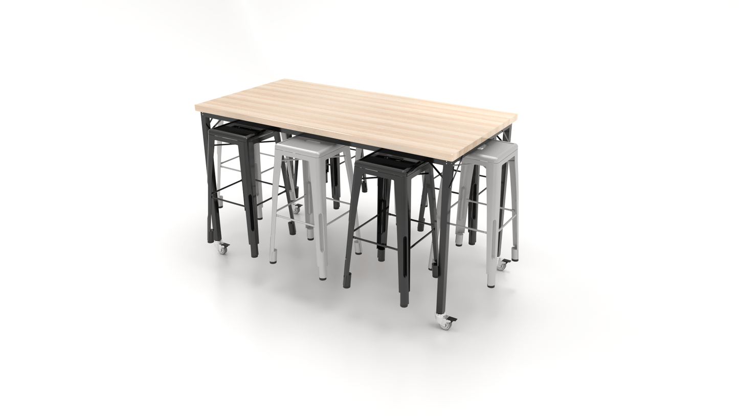 CEF Brainstorm Workbench 42"H with Butcher Block Top and Steel Frame, 8 Magnetic Metal Stools Included, for 6th Grade and Up - SchoolOutlet