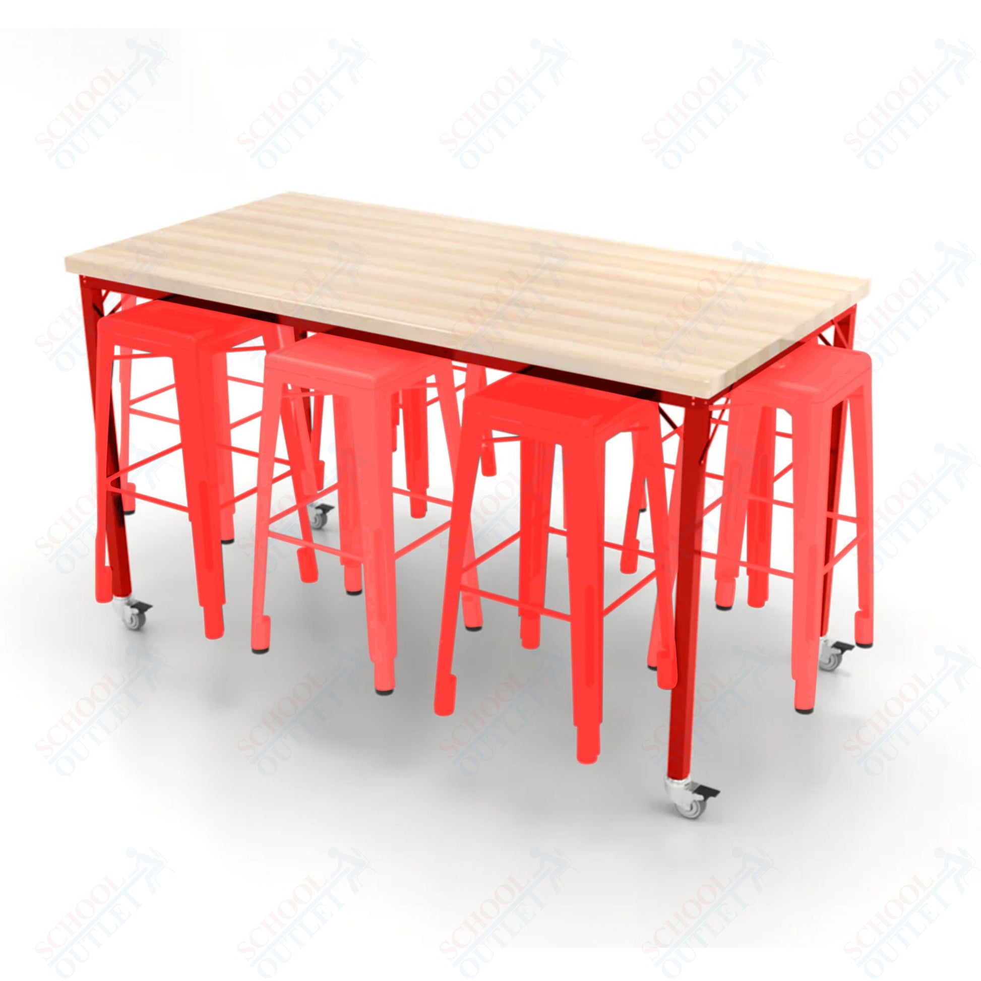 CEF Brainstorm Workbench 42"H with Butcher Block Top and Steel Frame, 8 Magnetic Metal Stools Included, for 6th Grade and Up - SchoolOutlet