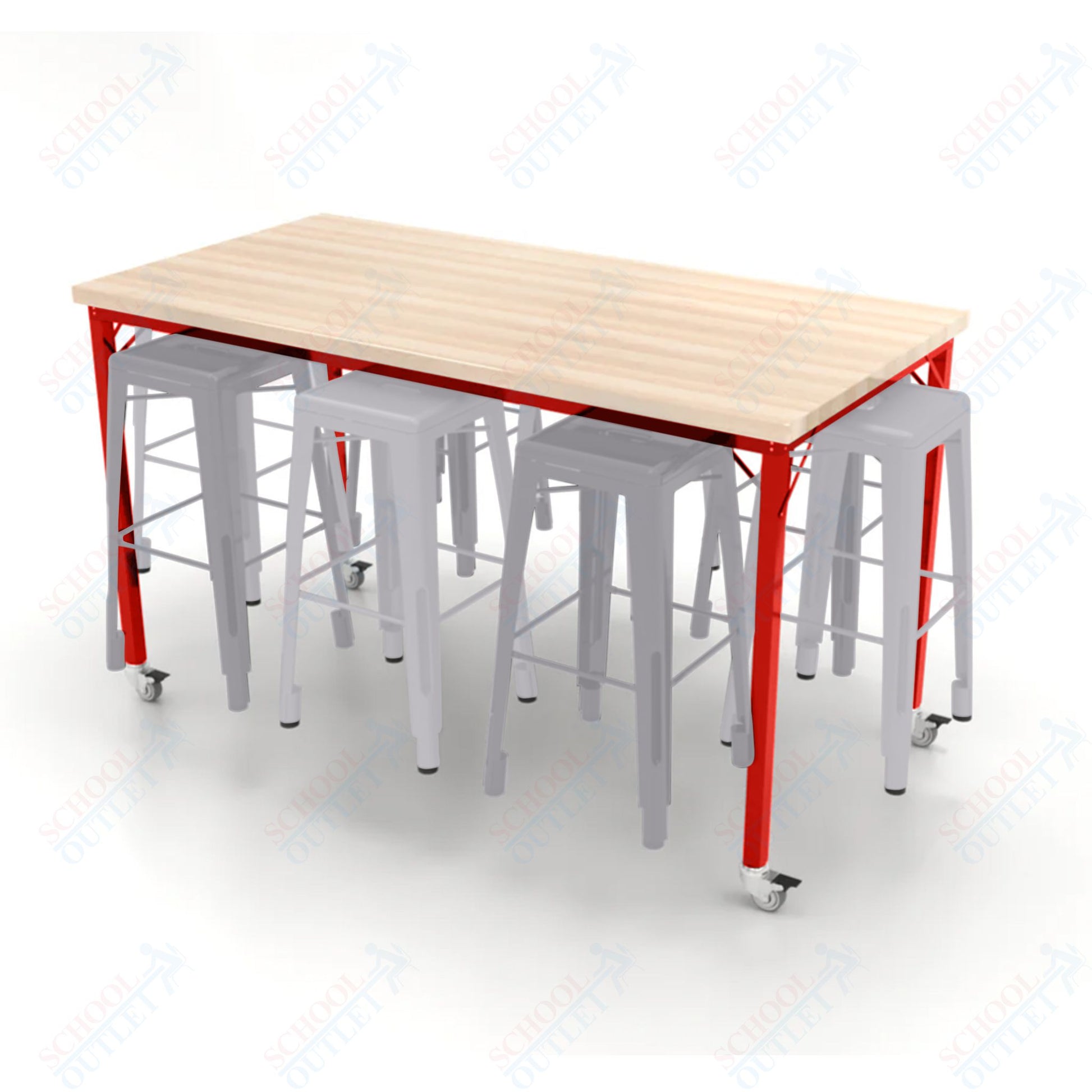CEF Brainstorm Workbench 42"H with Butcher Block Top and Steel Frame, 8 Magnetic Metal Stools Included, for 6th Grade and Up - SchoolOutlet