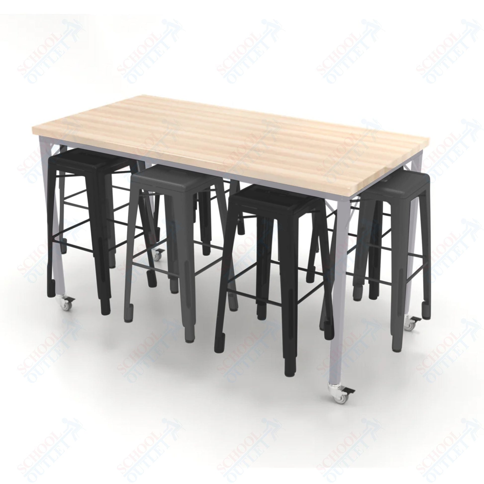 CEF Brainstorm Workbench 42"H with Butcher Block Top and Steel Frame, 8 Magnetic Metal Stools Included, for 6th Grade and Up - SchoolOutlet
