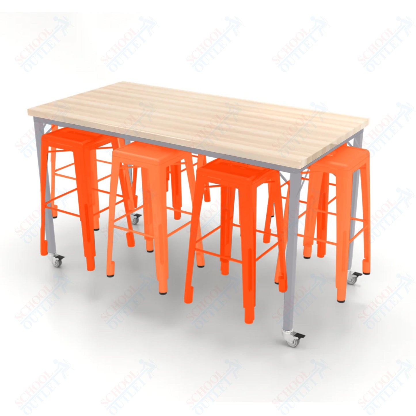 CEF Brainstorm Workbench 42"H with Butcher Block Top and Steel Frame, 8 Magnetic Metal Stools Included, for 6th Grade and Up - SchoolOutlet