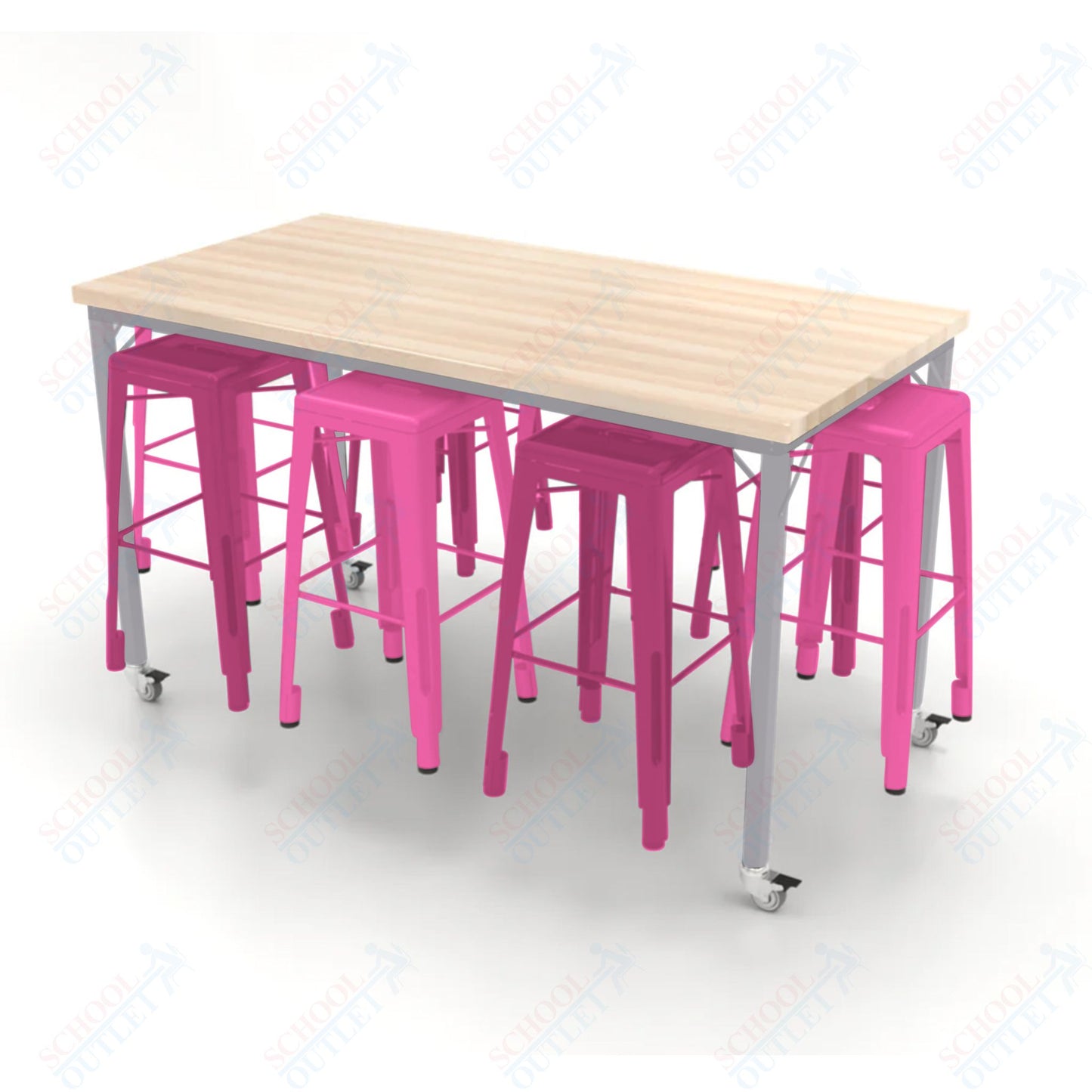CEF Brainstorm Workbench 42"H with Butcher Block Top and Steel Frame, 8 Magnetic Metal Stools Included, for 6th Grade and Up - SchoolOutlet