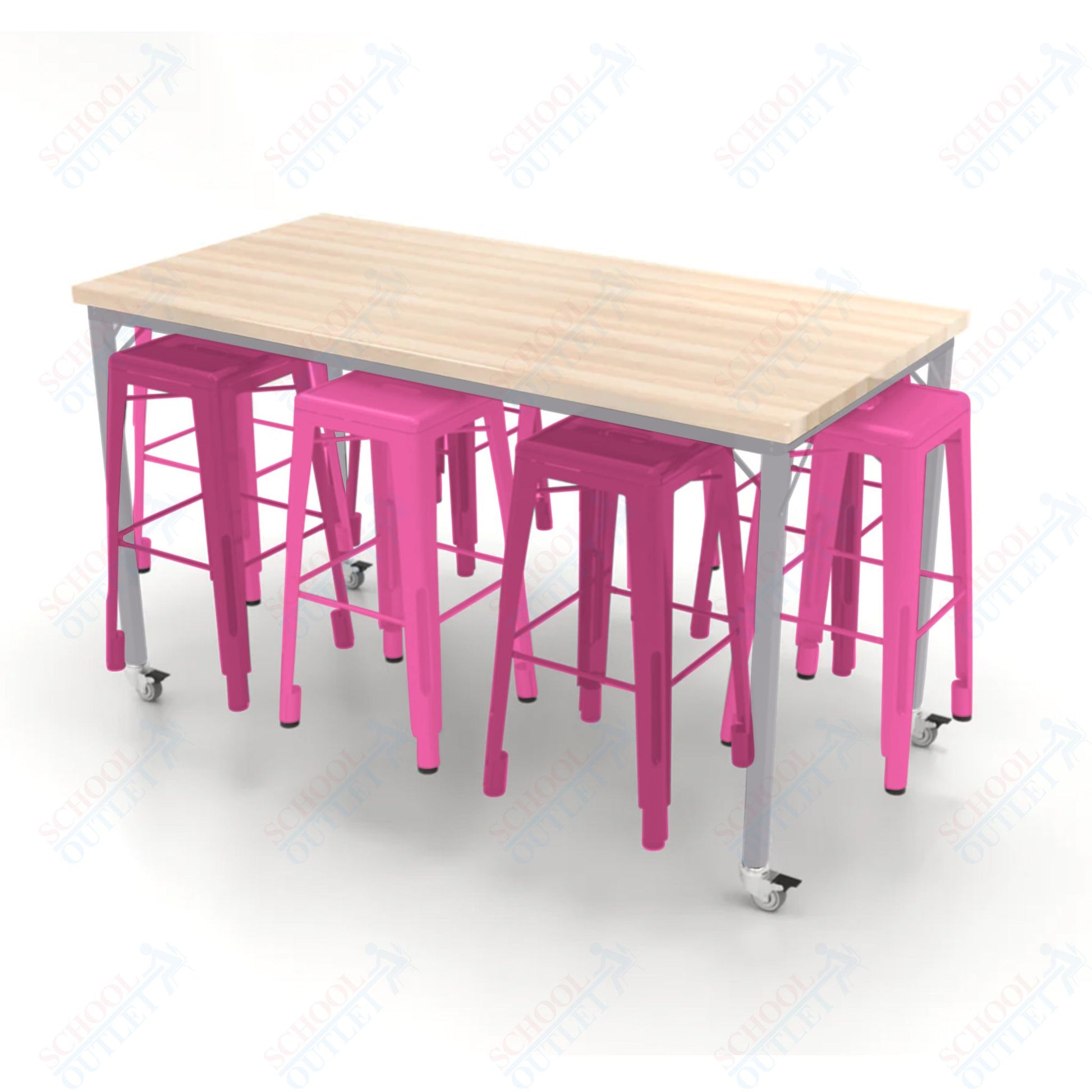 CEF Brainstorm Workbench 42"H with Butcher Block Top and Steel Frame, 8 Magnetic Metal Stools Included, for 6th Grade and Up - SchoolOutlet