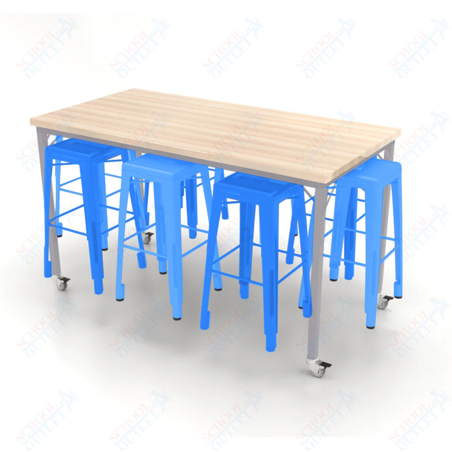 CEF Brainstorm Workbench 42"H with Butcher Block Top and Steel Frame, 8 Magnetic Metal Stools Included, for 6th Grade and Up - SchoolOutlet