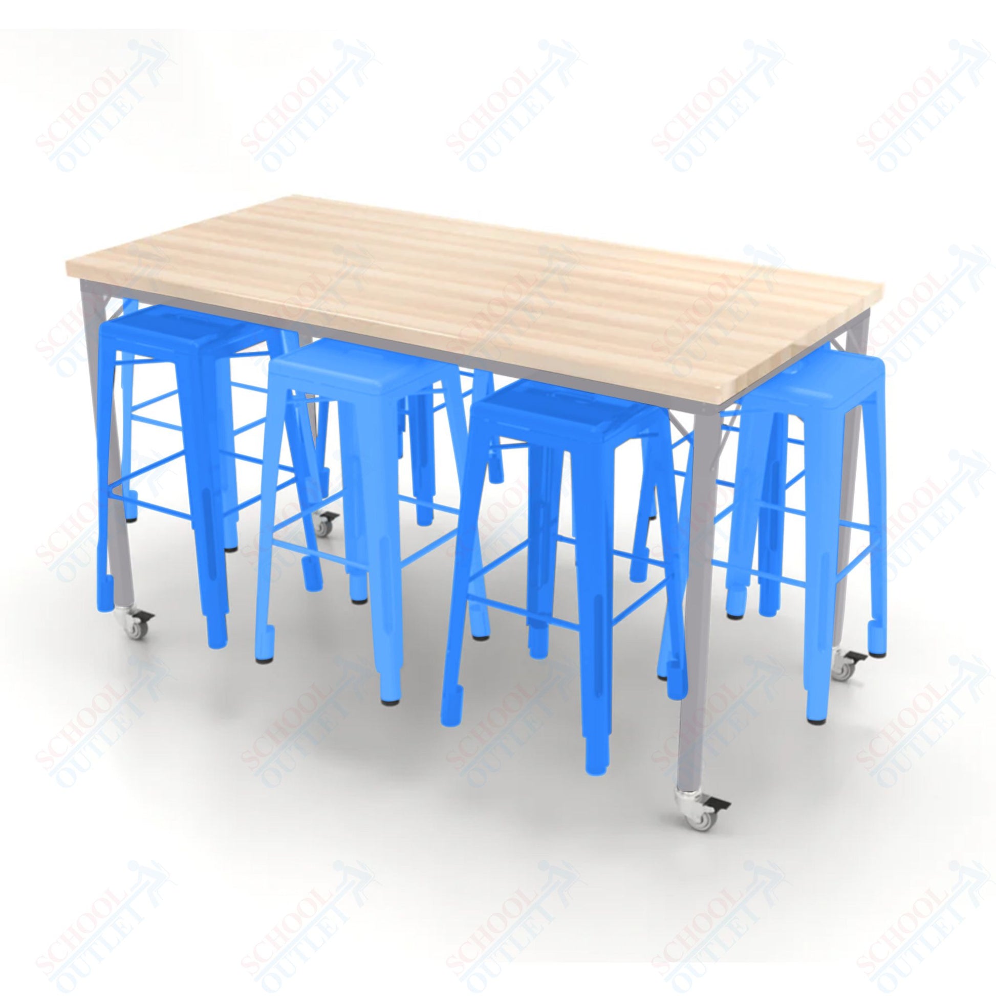 CEF Brainstorm Workbench 42"H with Butcher Block Top and Steel Frame, 8 Magnetic Metal Stools Included, for 6th Grade and Up - SchoolOutlet
