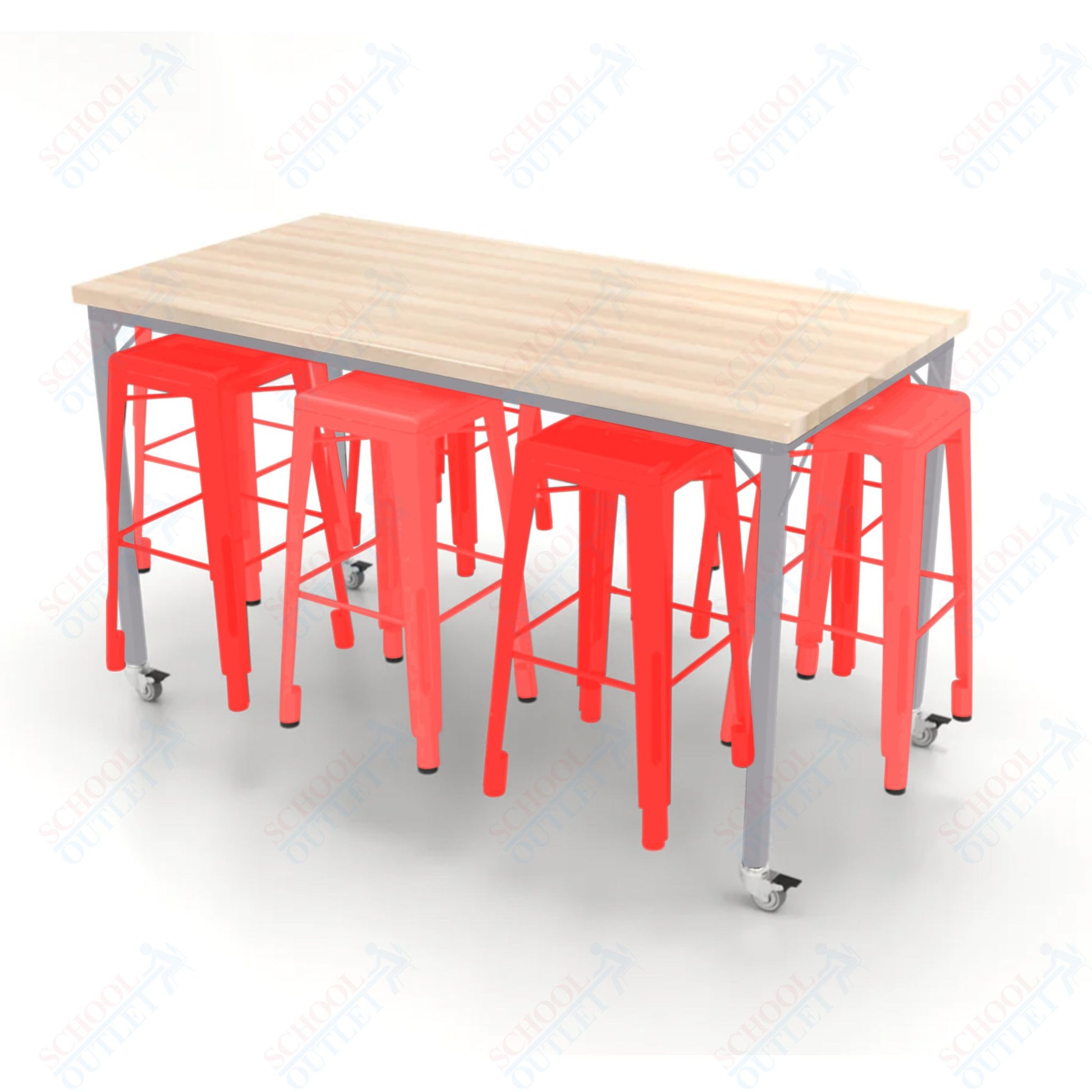 CEF Brainstorm Workbench 42"H with Butcher Block Top and Steel Frame, 8 Magnetic Metal Stools Included, for 6th Grade and Up - SchoolOutlet
