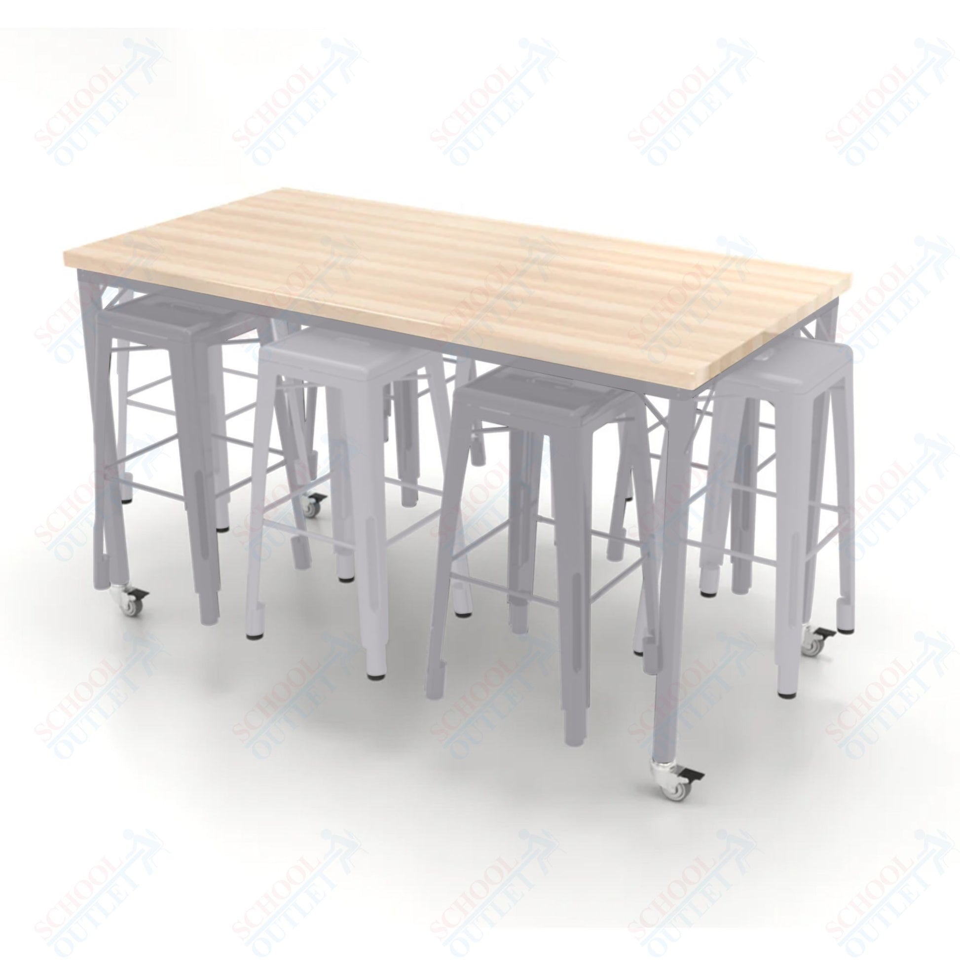 CEF Brainstorm Workbench 42"H with Butcher Block Top and Steel Frame, 8 Magnetic Metal Stools Included, for 6th Grade and Up - SchoolOutlet
