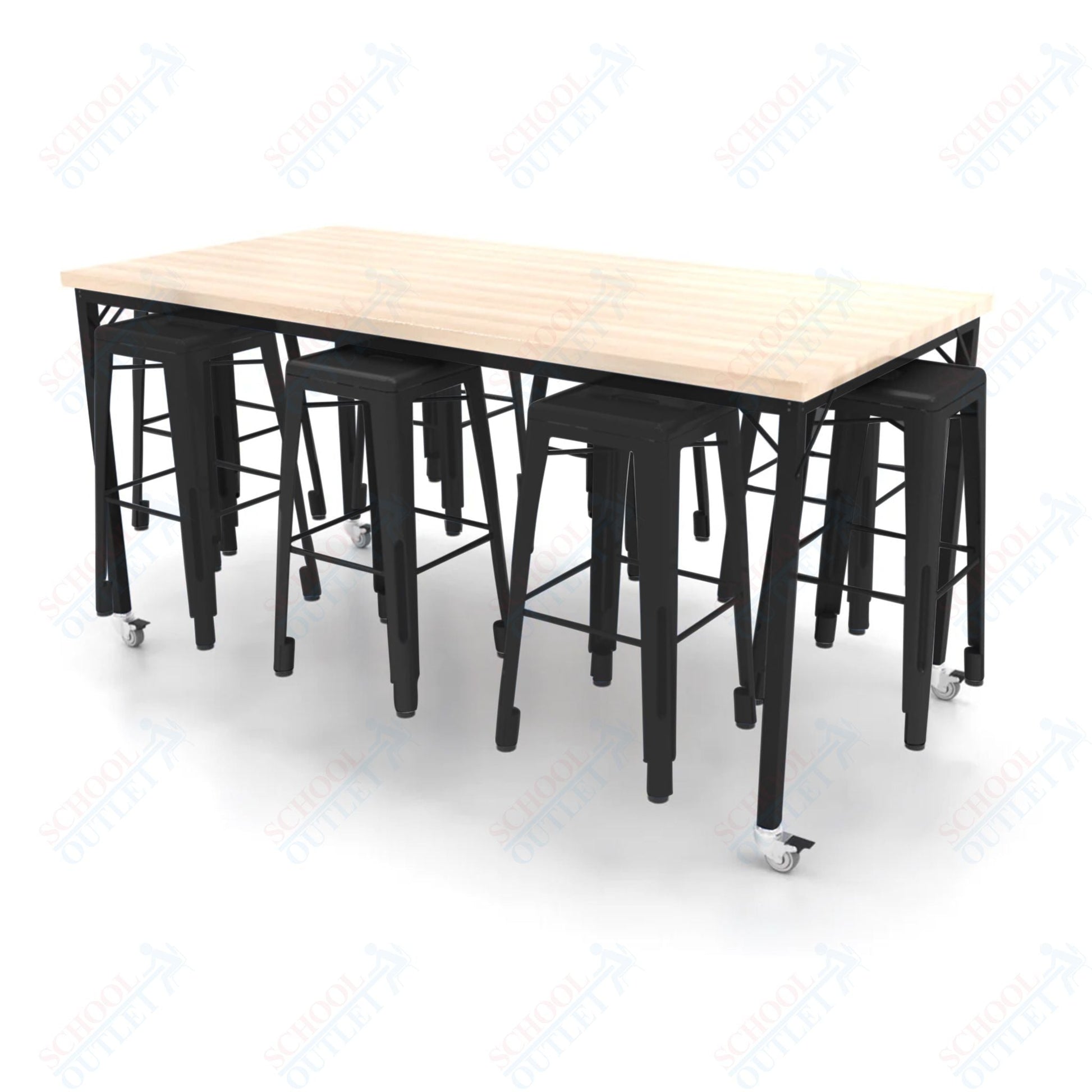CEF Brainstorm Workbench 42"H with Butcher Block Top and Steel Frame, 8 Magnetic Metal Stools Included, for 6th Grade and Up - SchoolOutlet